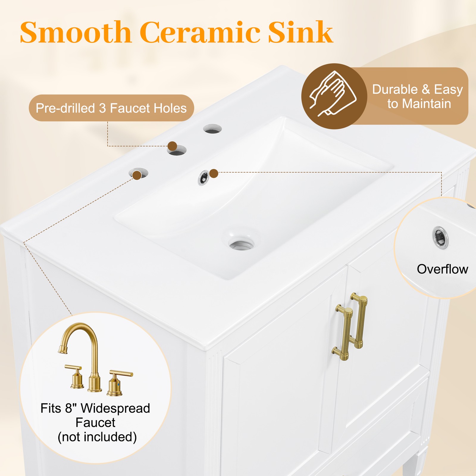 30″ White Fluted Bathroom Vanity with Ceramic Sink, Soft-Close