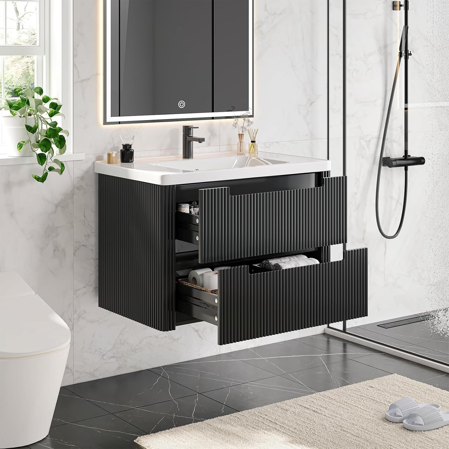 Modern Bathroom Vanity W/ Sink Combo Curved Floating Bath Vanity W/ 2 Drawers