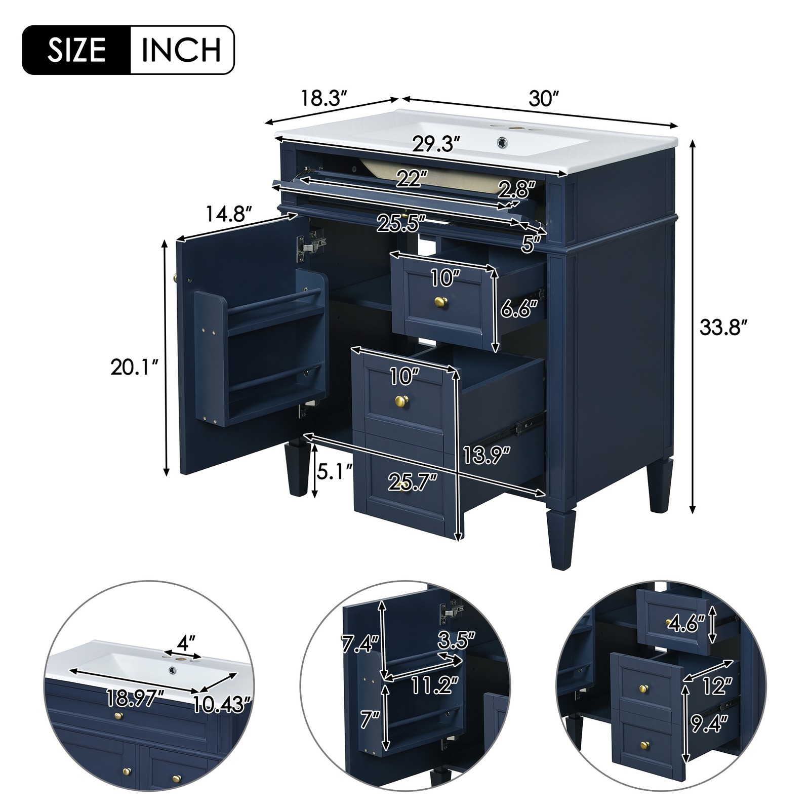 30″ Bathroom Vanity with Sink, 2 Drawers & Tip-Out Drawer, Blue