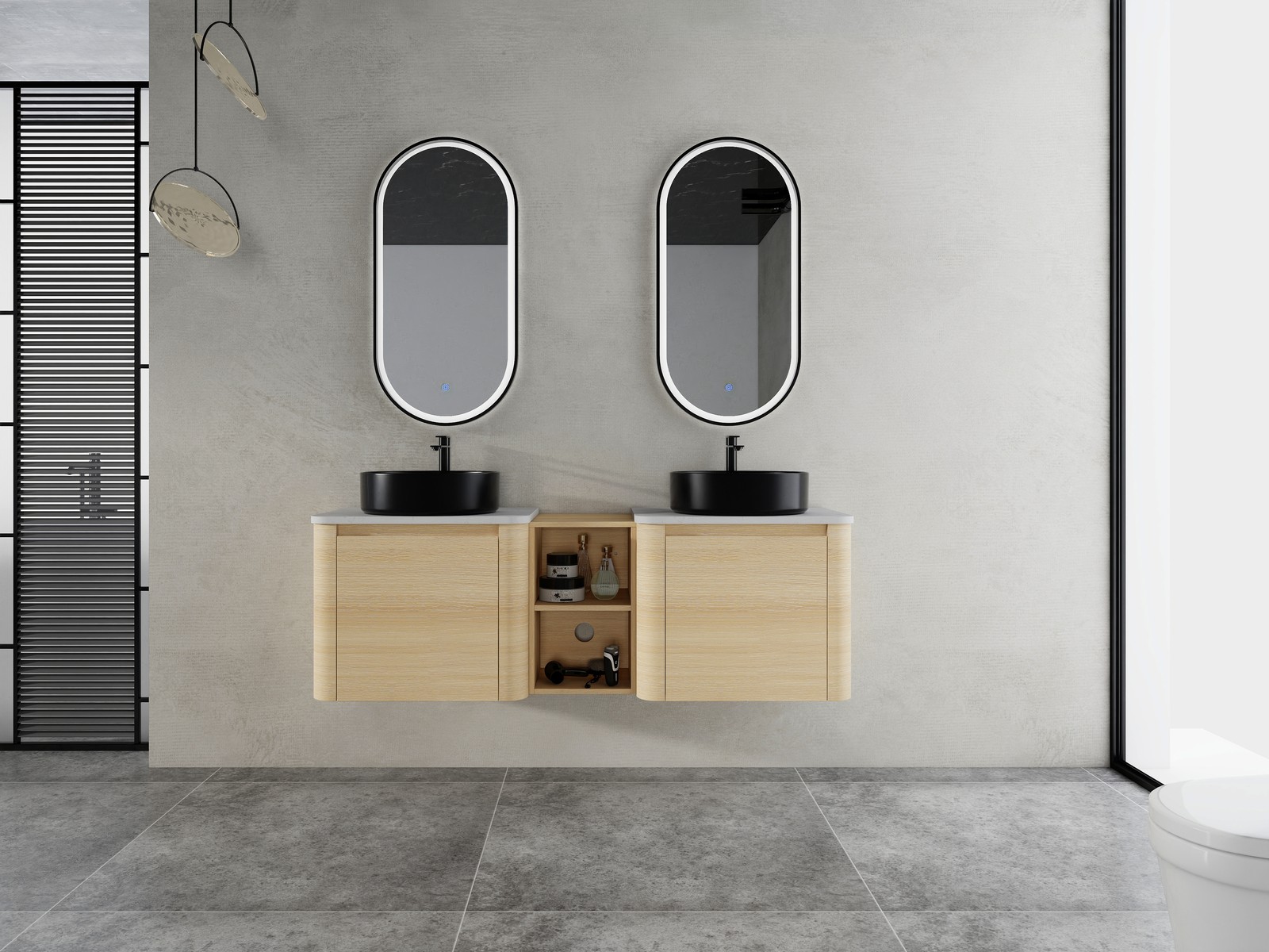 60 in Floating Bathroom Vanity Cabinet 2x Black Ceramic Sink Basin +Open Shelves
