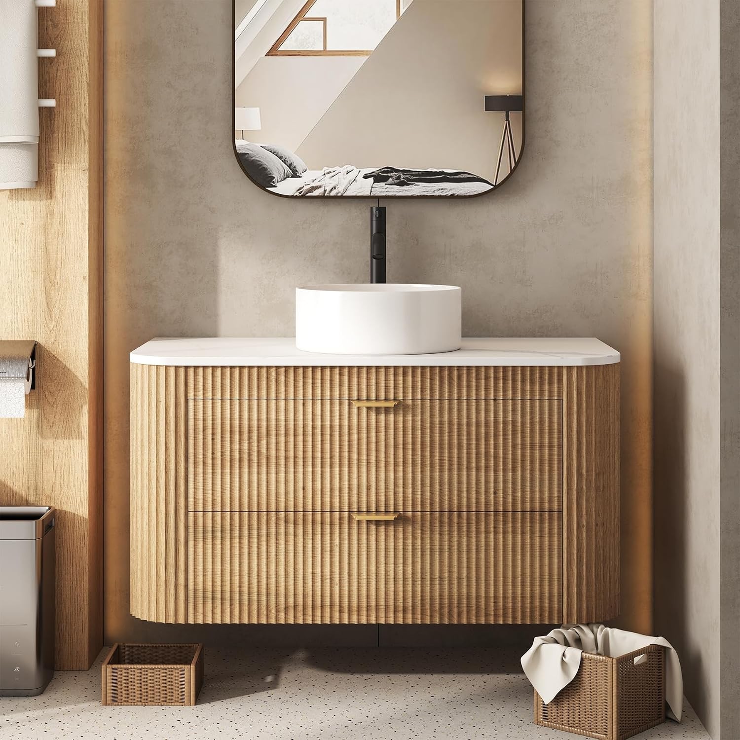 24 Inch Bathroom Vanity W/ Sink Floating Vanity W/ Ceramic Sink Combo Fluted
