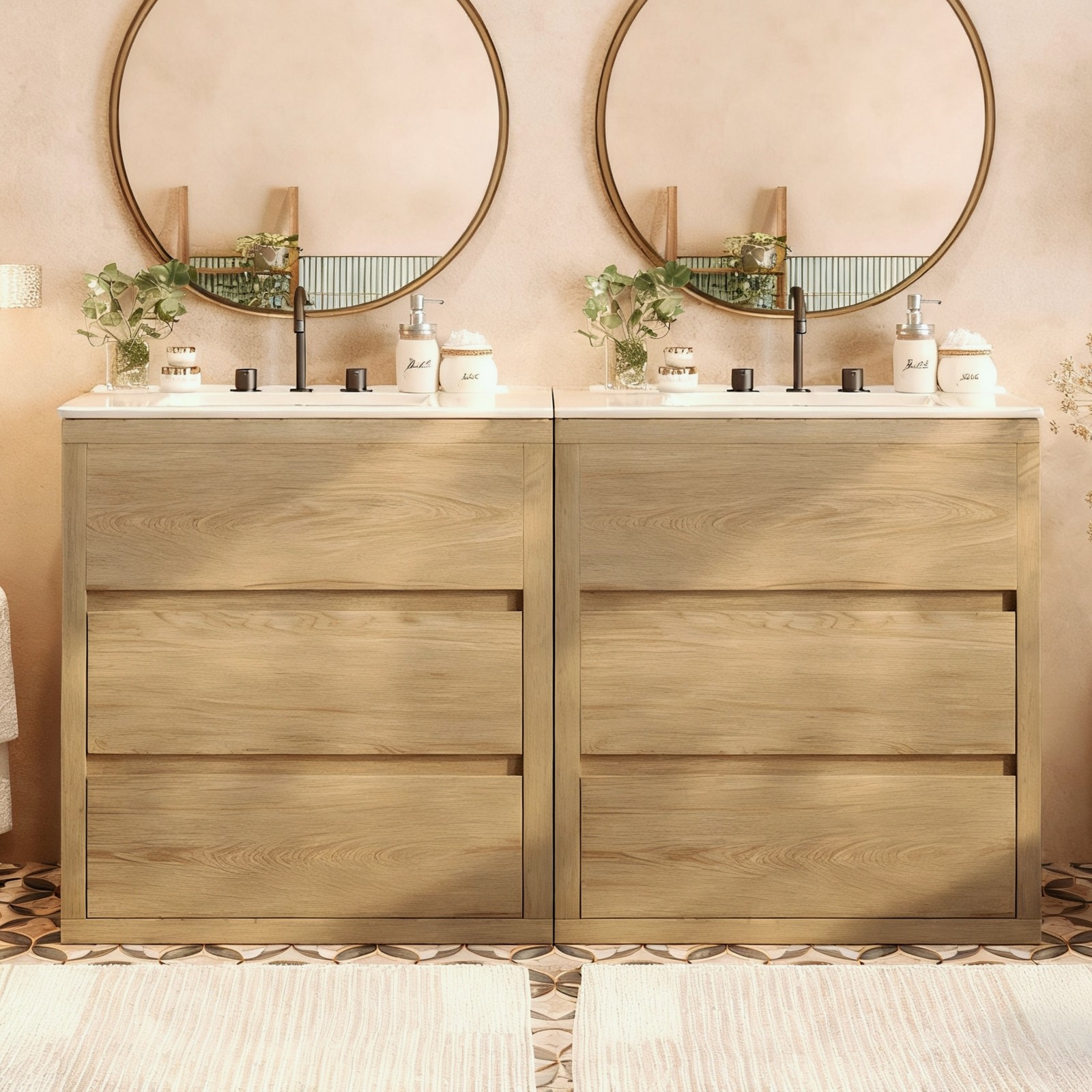60″ Double Sink Bathroom Vanity Set,Bathroom Cabinet w/2 Separate Ceramic Sinks