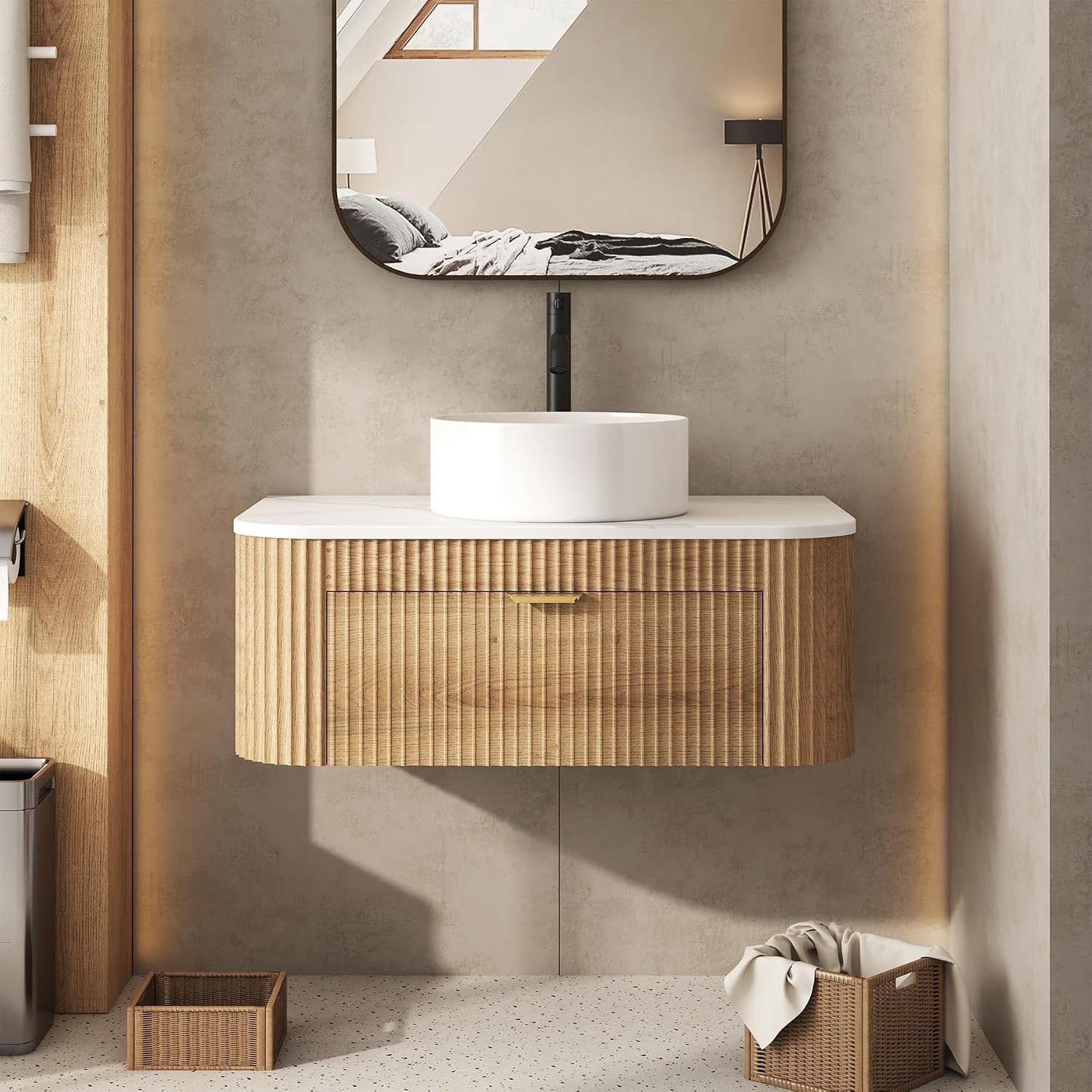 24 Inch Bathroom Vanity W/ Sink Floating Vanity W/ Ceramic Sink Combo Fluted