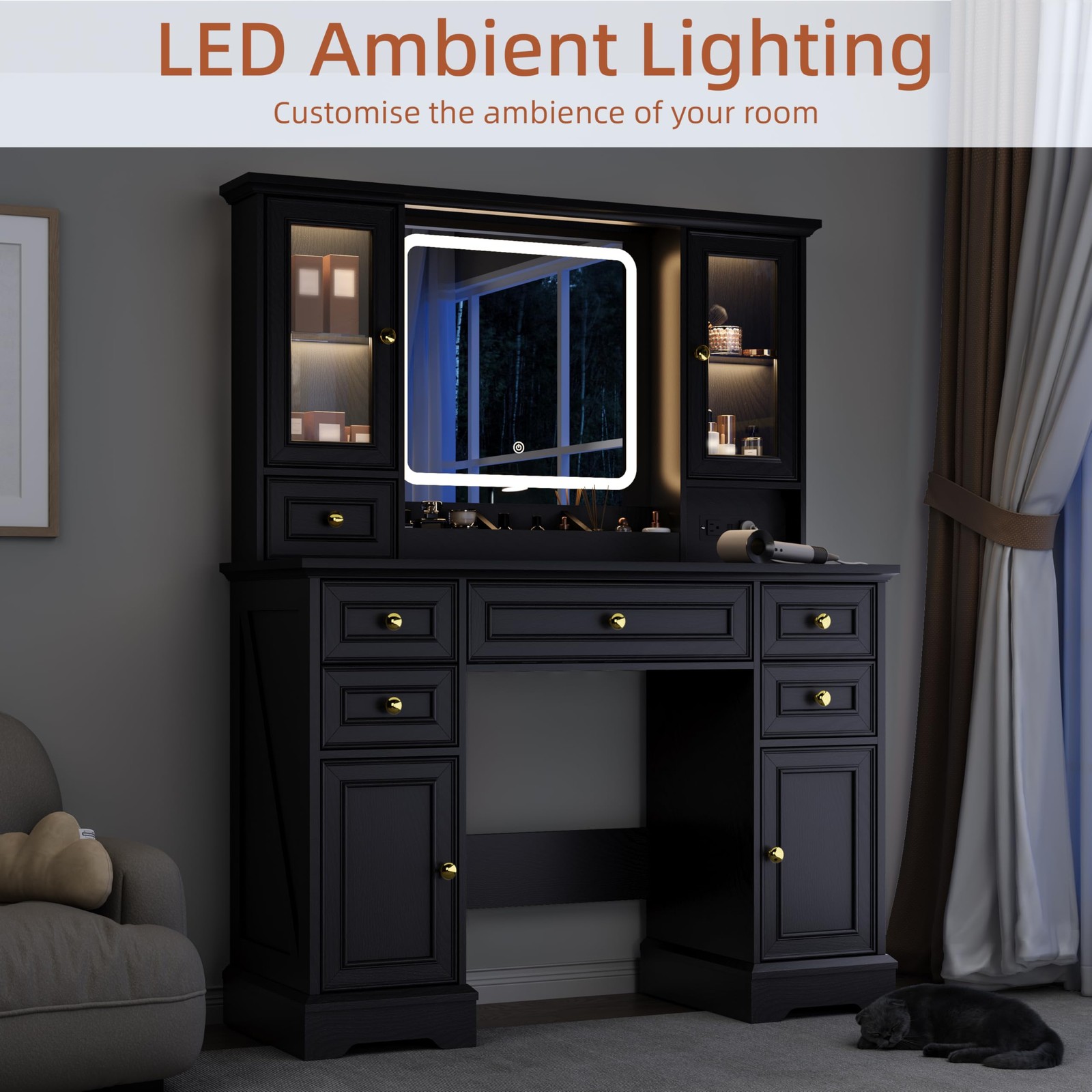 Vanity Desk Mirror Lights Power Outlet USB 6 Drawers 4 Cabinets 3Color Dimmable