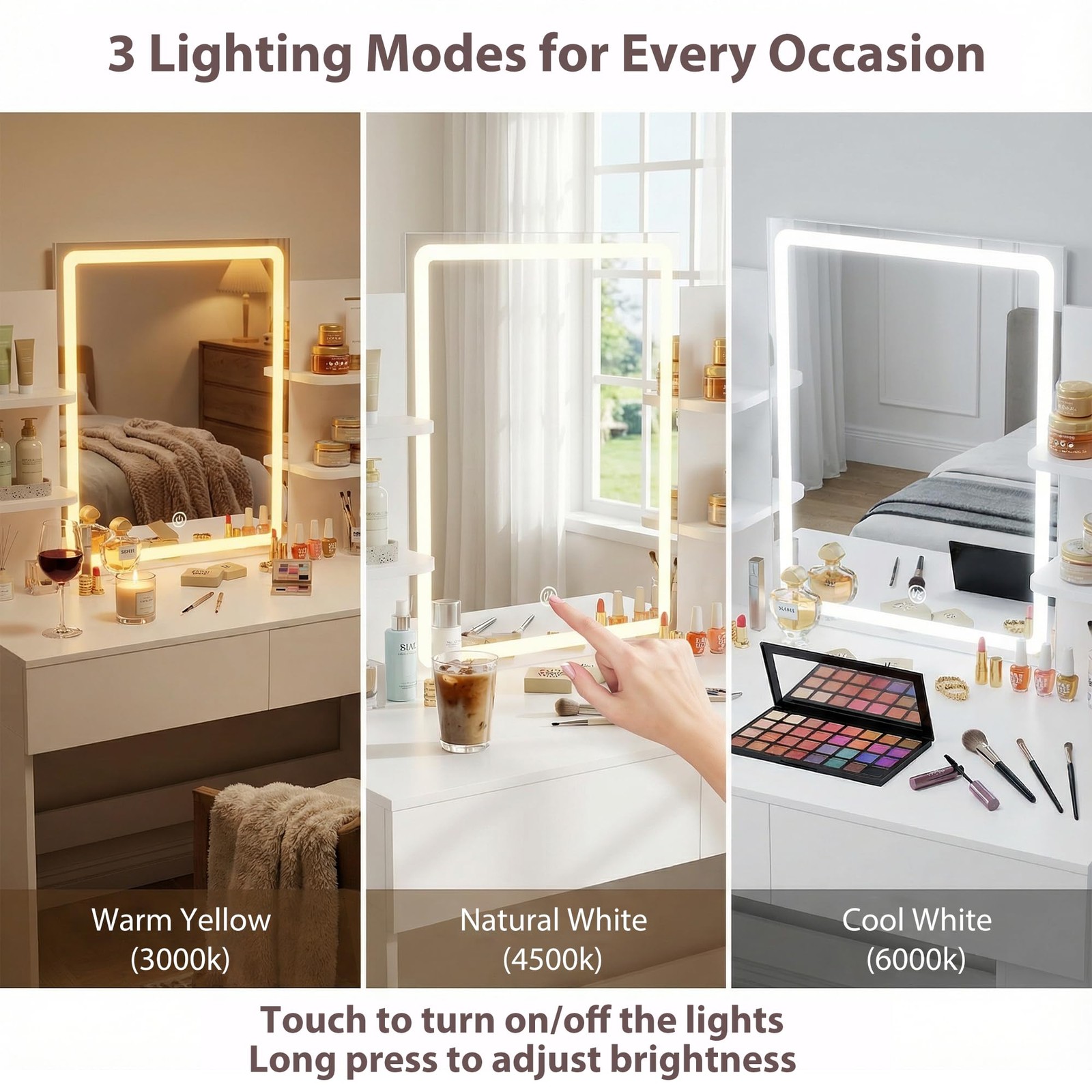 3 Color Dimmable LED Vanity Desk with Mirror 2 Drawers Storage Bench White