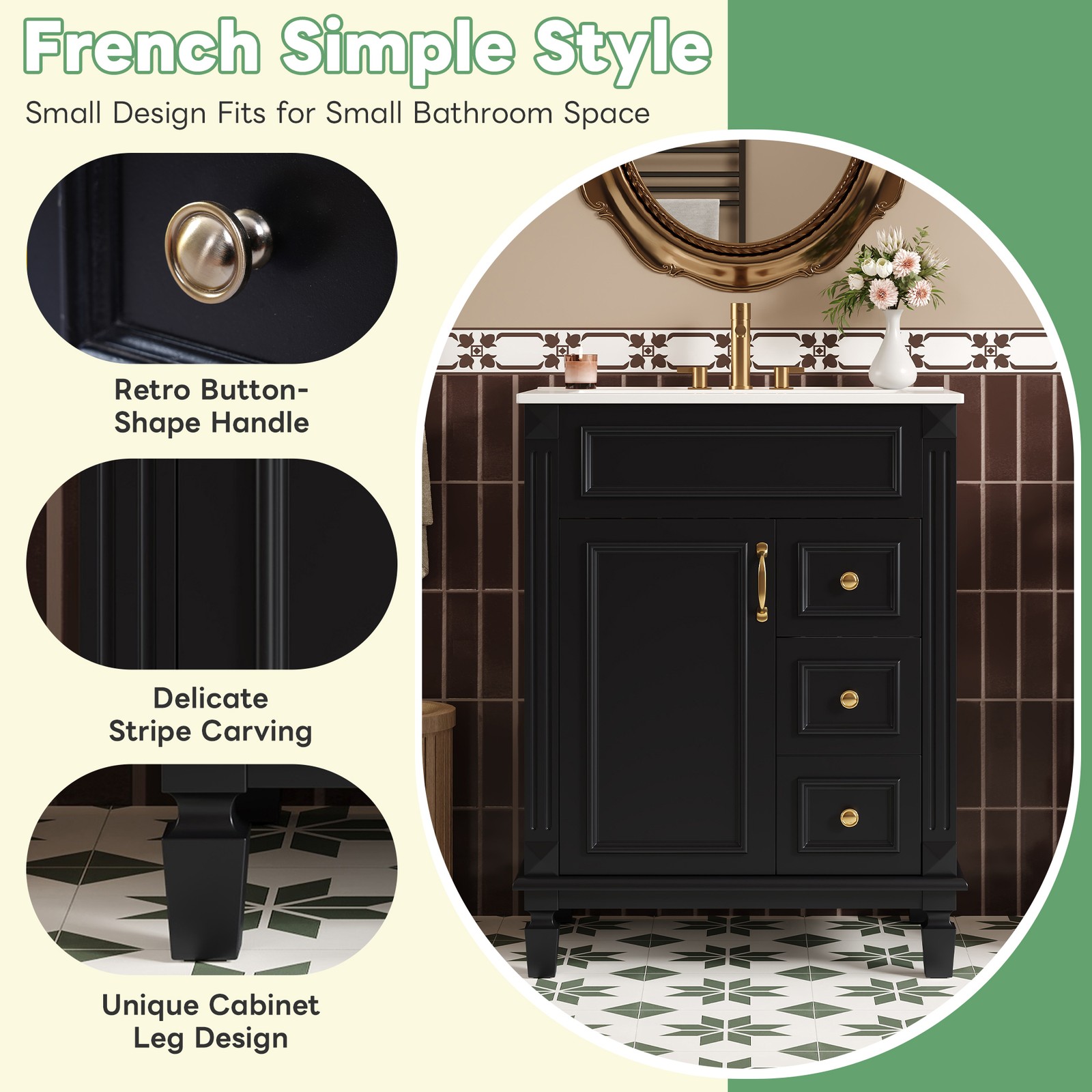 24″ Bathroom Vanity w/Ceramic Sink, Small Bathroom Sink Cabinet with 2 Drawers