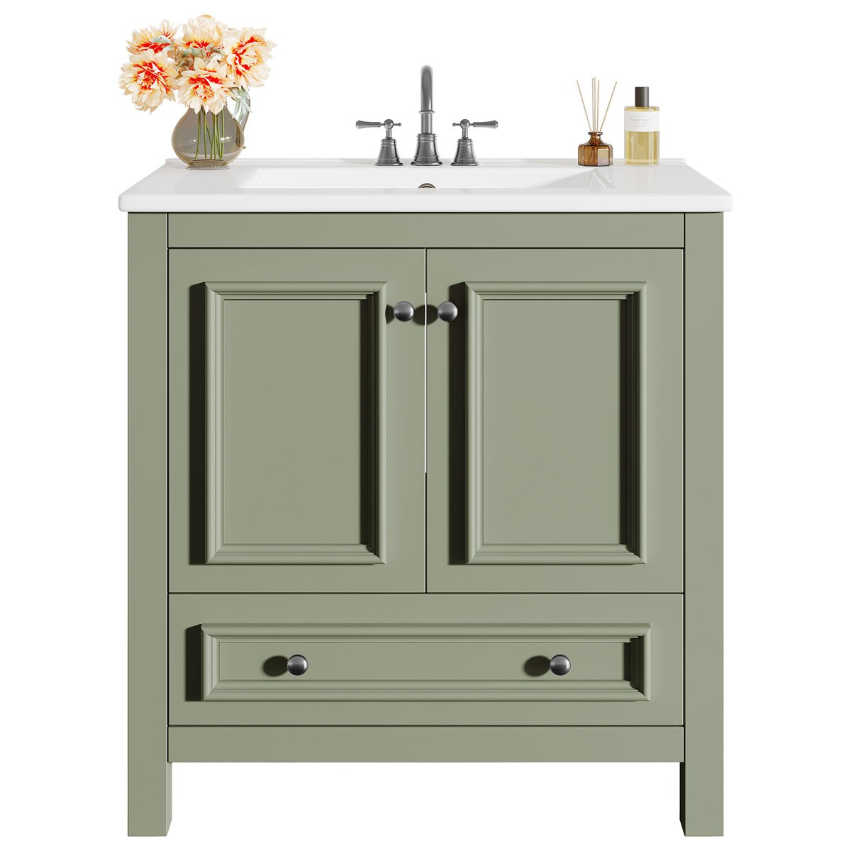 30″Bathroom Vanity Freestanding with Ceramic Sink, Storage Cabinet, Pop Up Drain