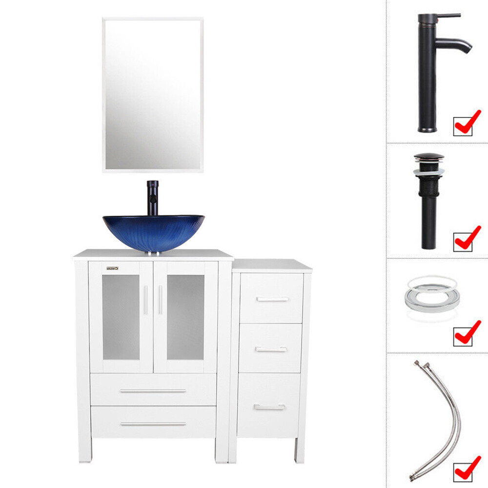 36″ White Bathroom Vanity Side Cabinet Vessel Glass/Ceramic Sink No Mirror