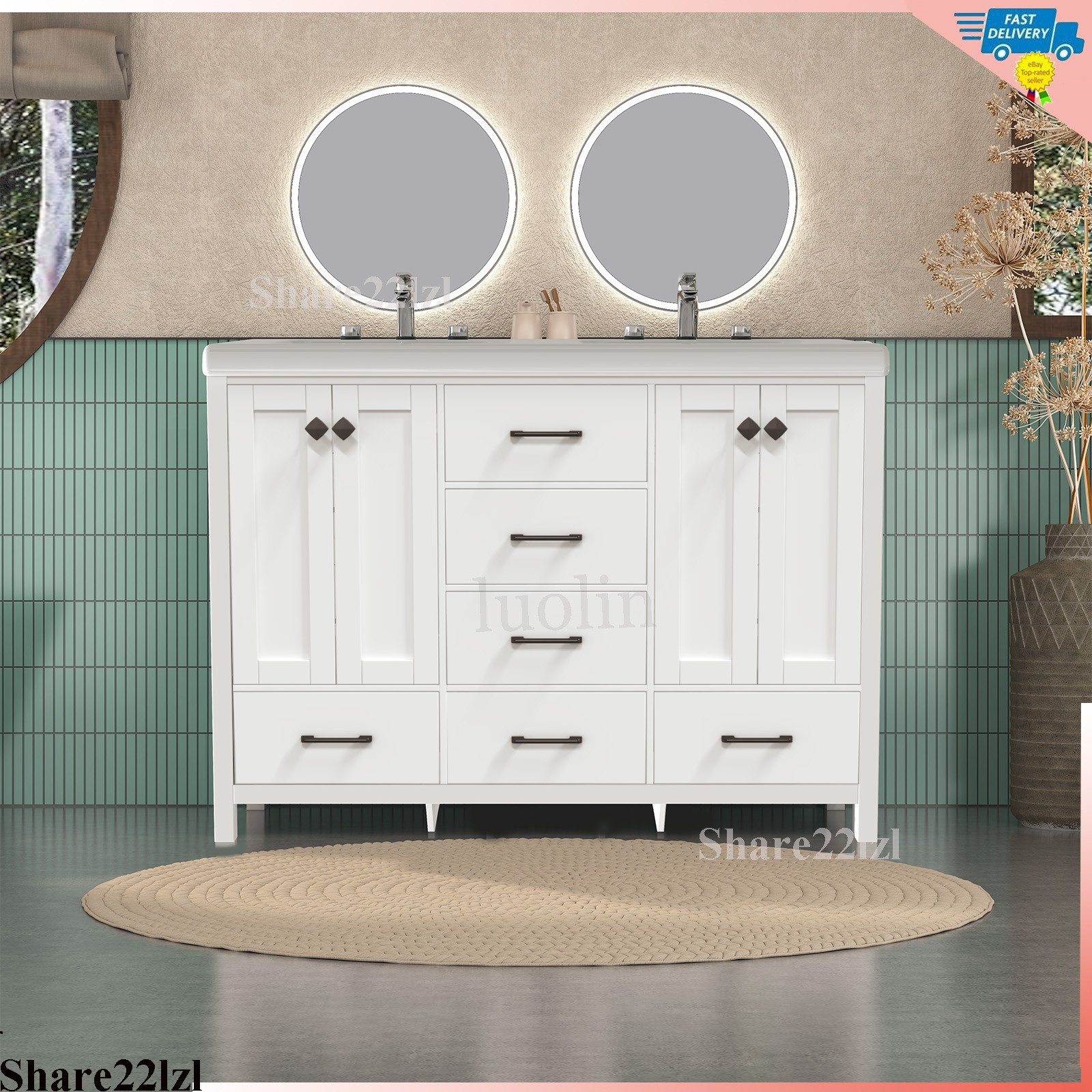 47″ Bathroom Vanity With Double Sink Ceramic Storage Cabinet without Faucet New