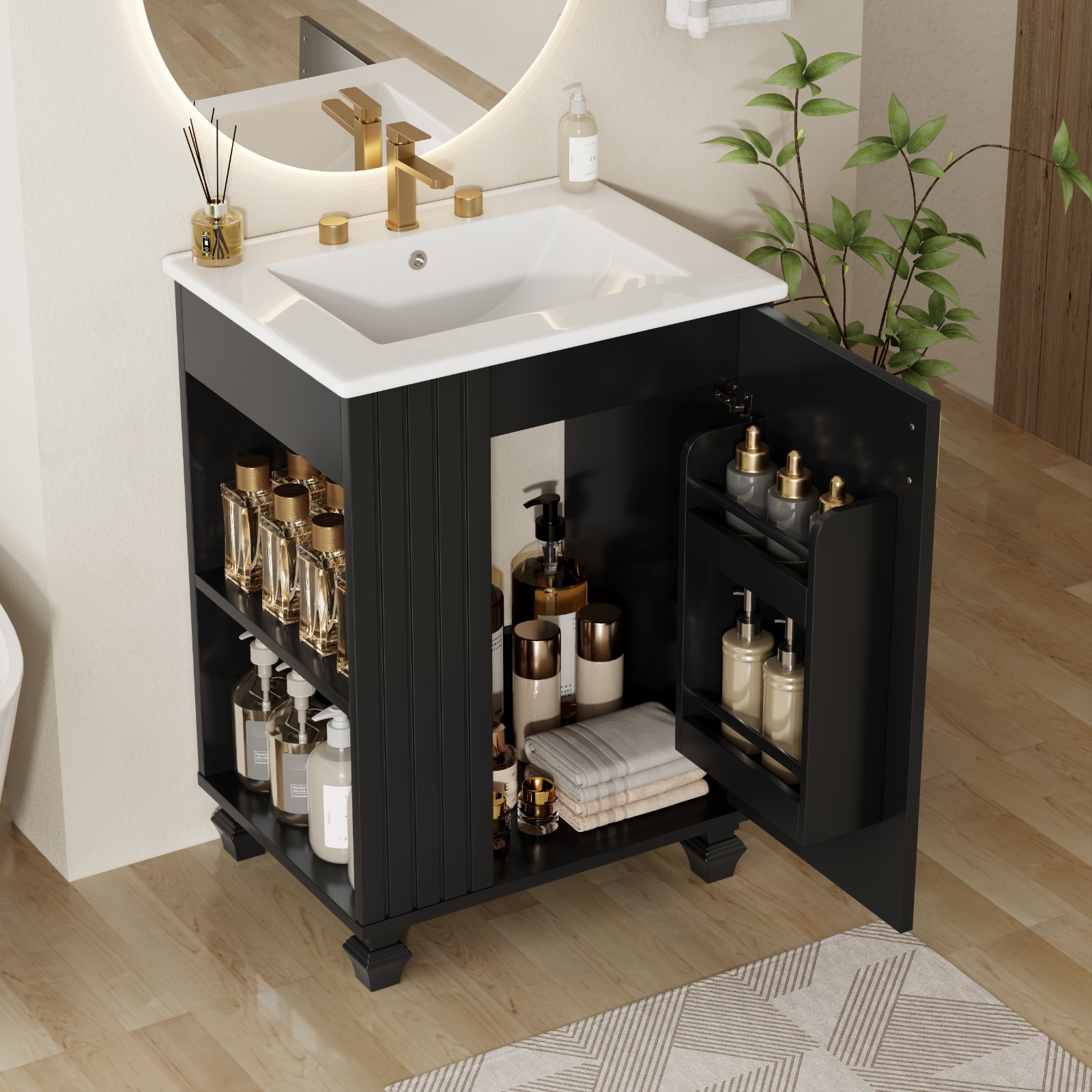 24″ Bathroom Vanity Storage Cabinet w/ Ceramic Sink Door Shelf Solid Wood Frame
