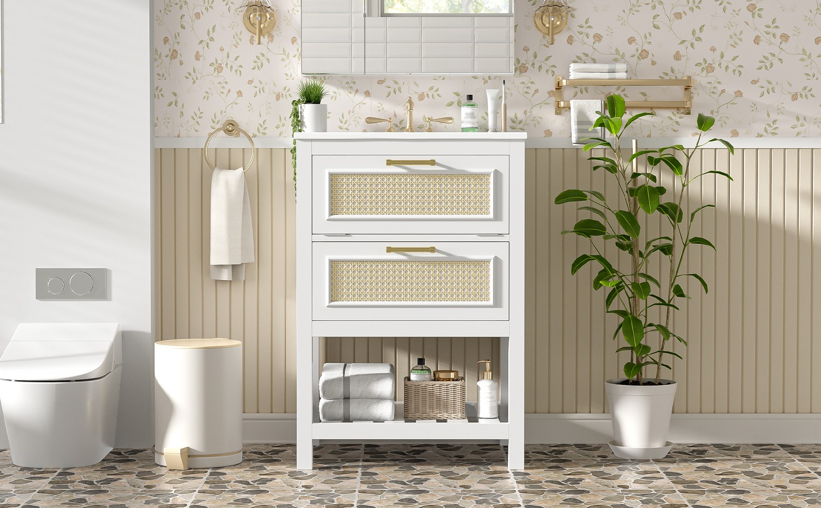 24″ White Bathroom Vanity with Ceramic Sink and 2 Drawers