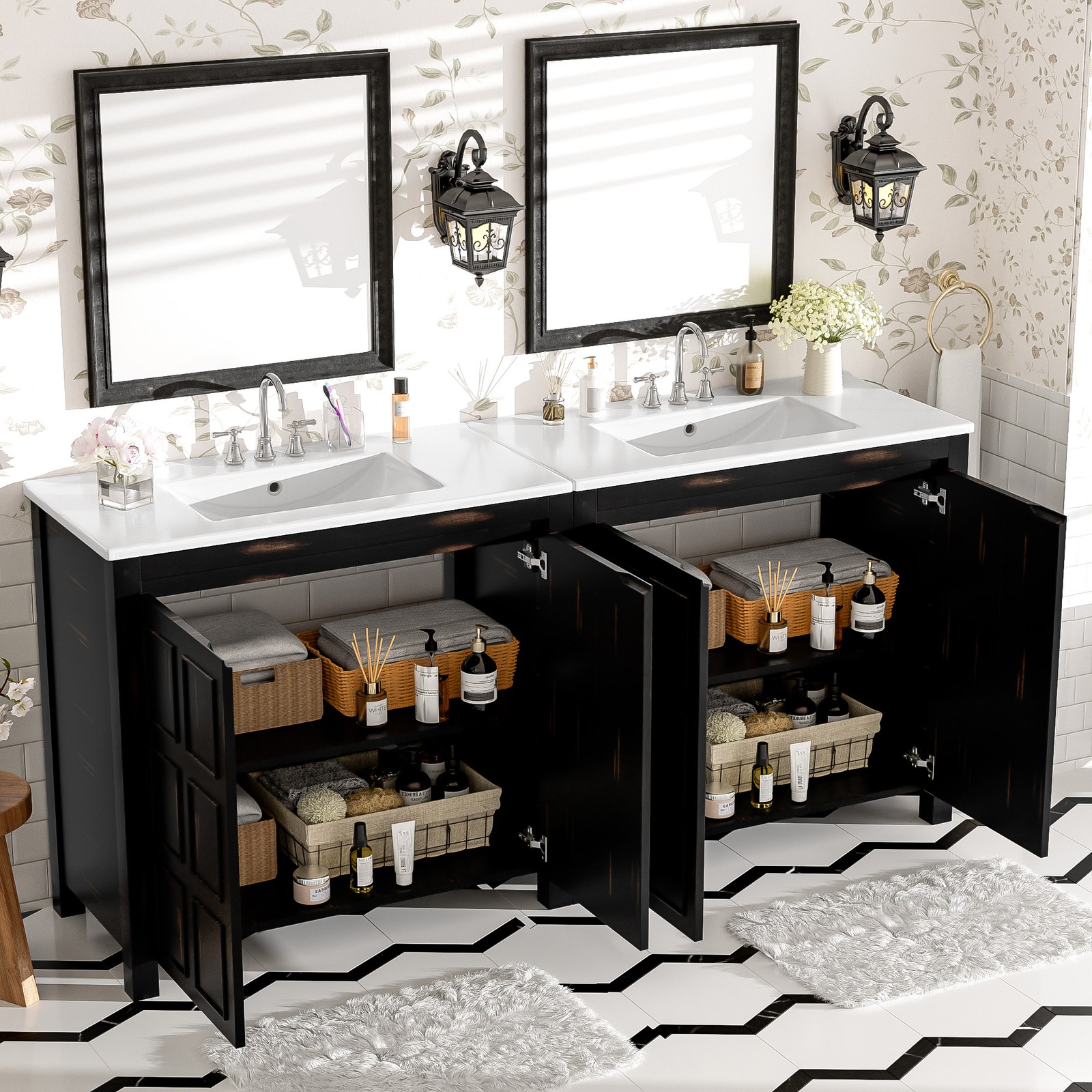 72″ Bathroom Vanity Set with Double Vanities (Separate), Double Ceramic Sinks