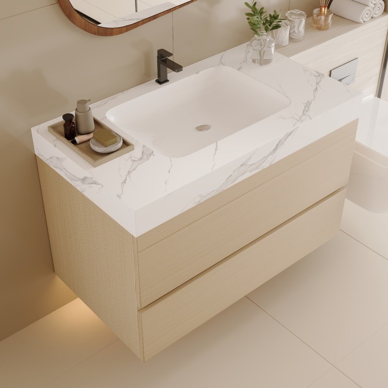 29.9″ Modern Floating Bathroom Vanity with Faux Marble Top and Ceramic Sink