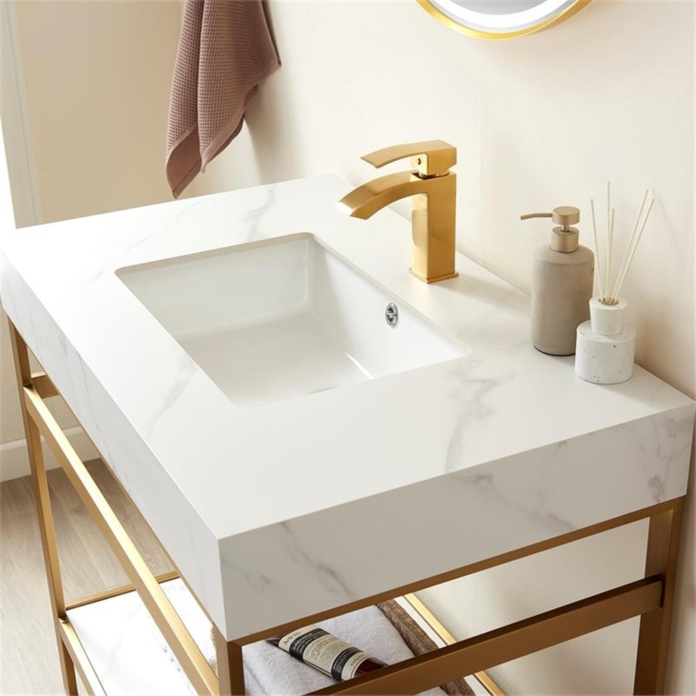 Funes 36″ Single Sink Bathroom Vanity in Brushed Gold Frame White Top w/ Mirror