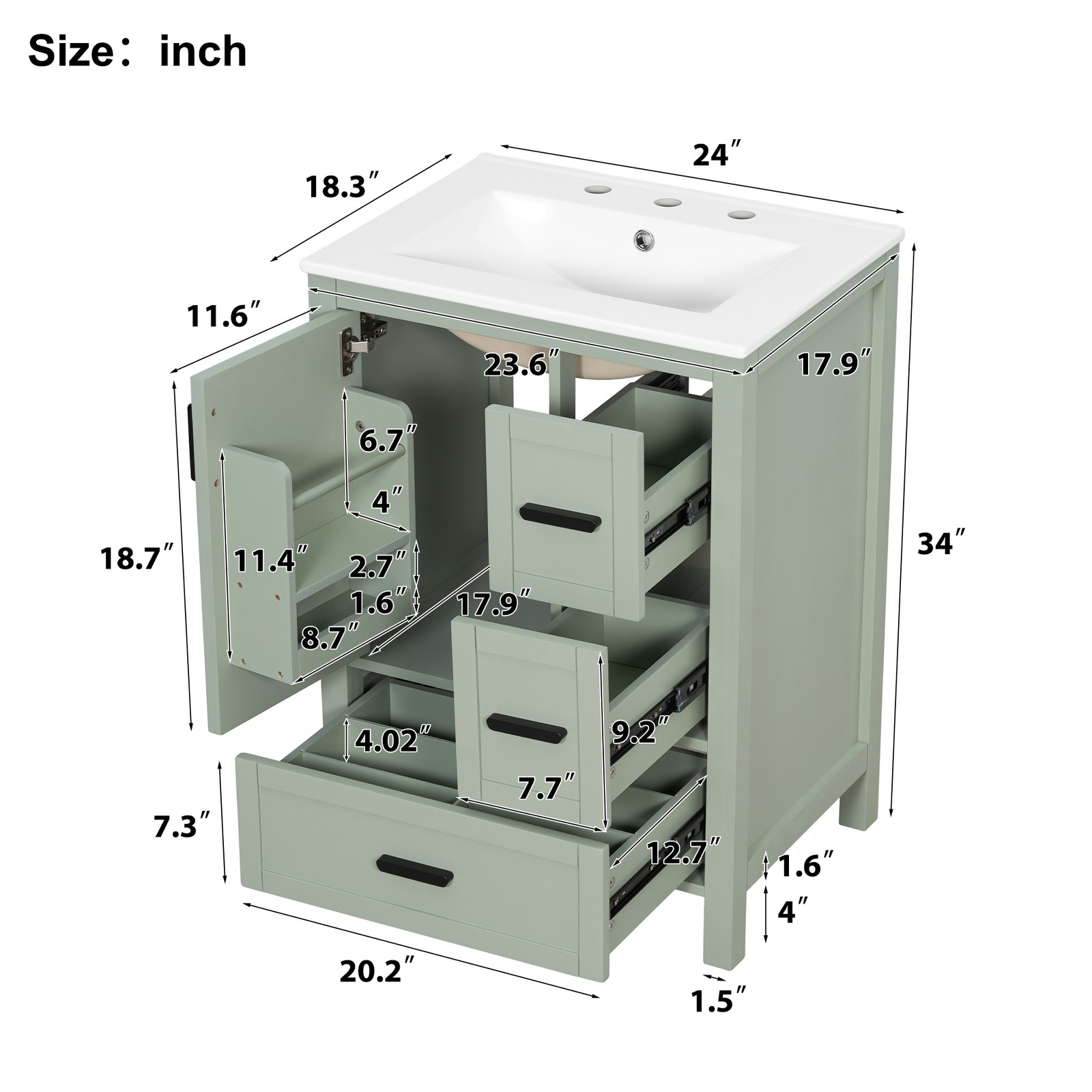 24″ Bathroom Vanity w/Ceramic Sink Modern Freestanding Vanity Cabinet w/3 Doors