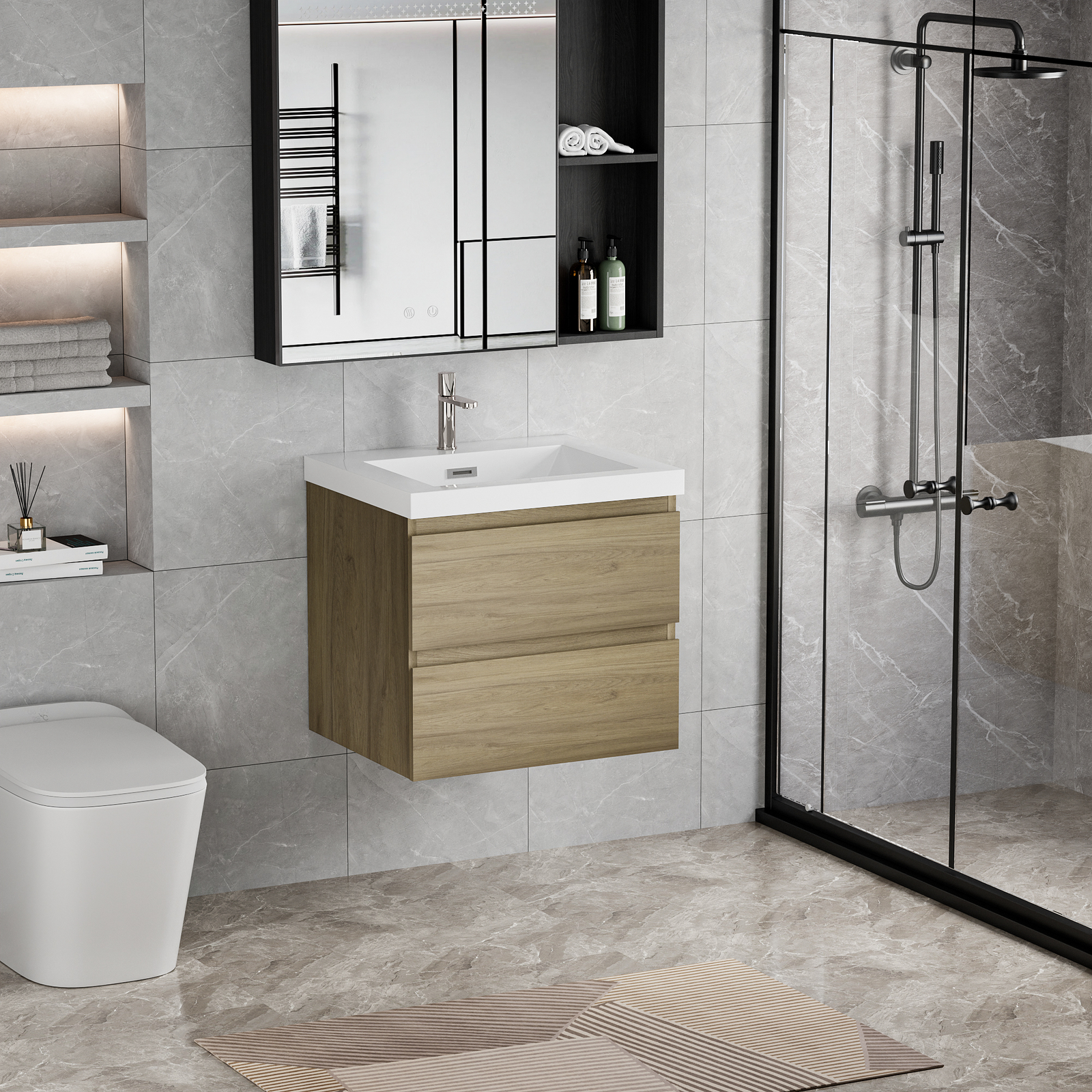 24 in Floating Wall-Mounted Bathroom Vanity 2 Drawers With Resin Top Basin Sink