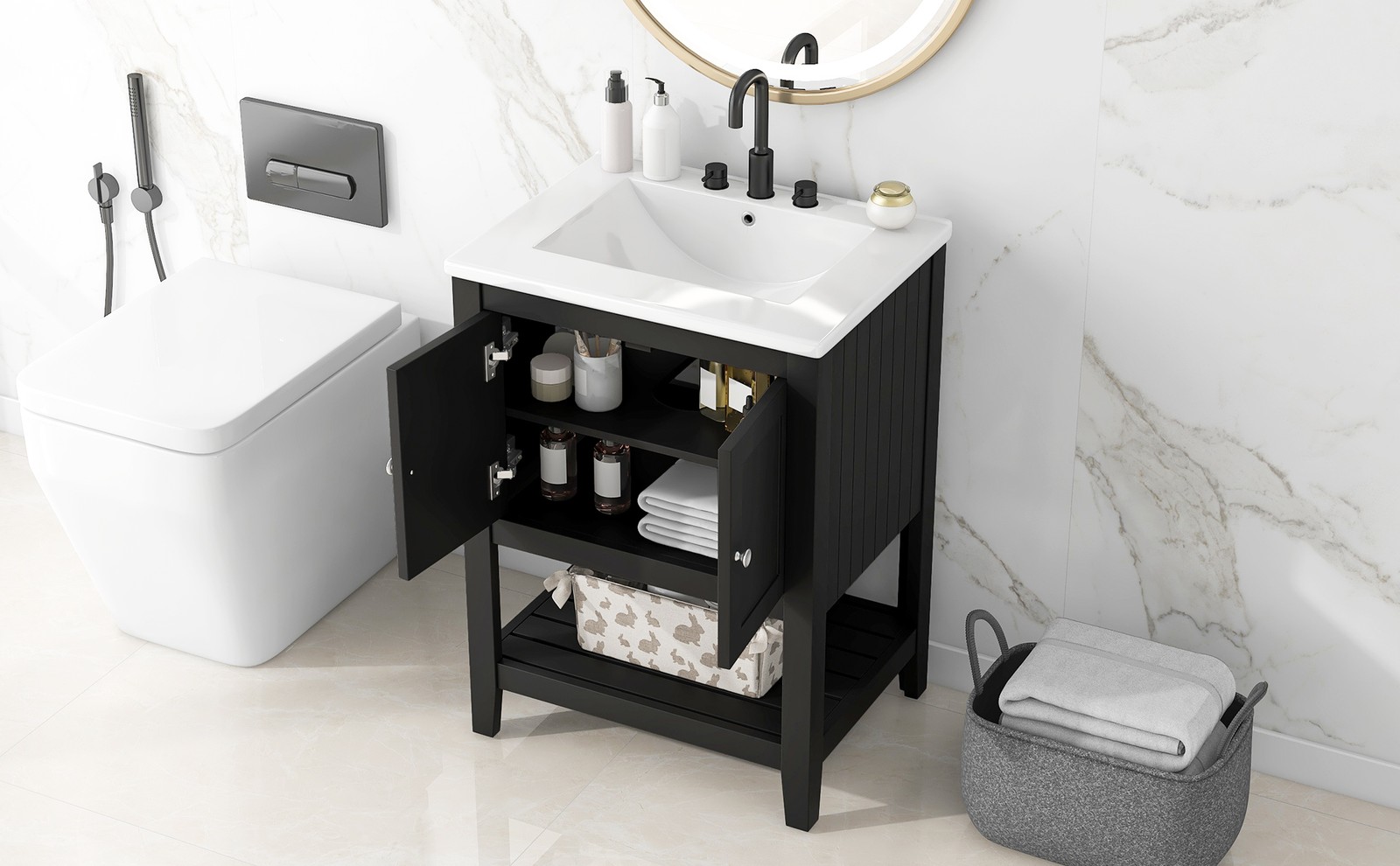 24″ Black Modern Bathroom Vanity with Ceramic Sink & Wood Frame