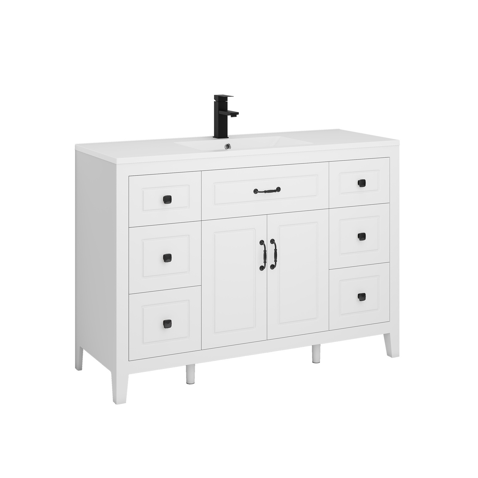 48″ Freestanding Bathroom Vanity Soft-Close 2 Doors 6 Drawers Matte Black Faucet