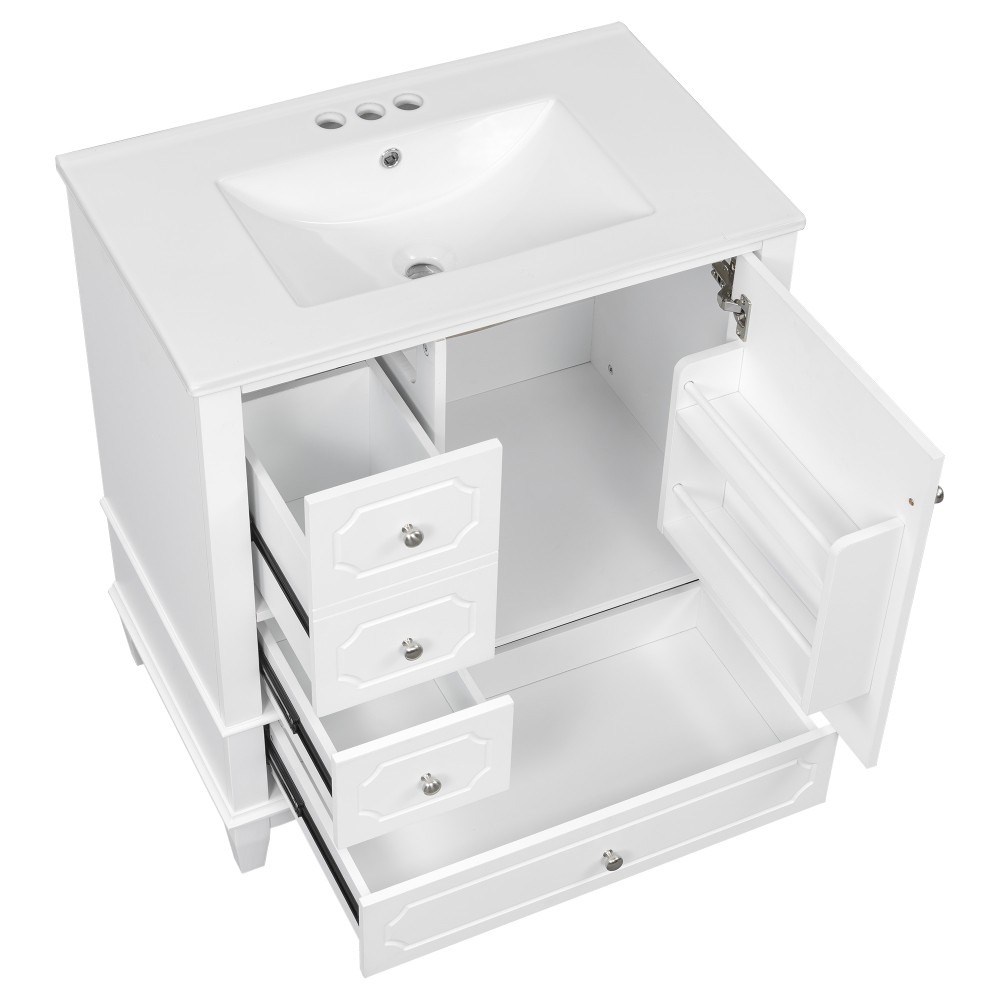 30″Bathroom Vanity with Sink Freestanding White Vanity Cabinetwith Ceramic Basin