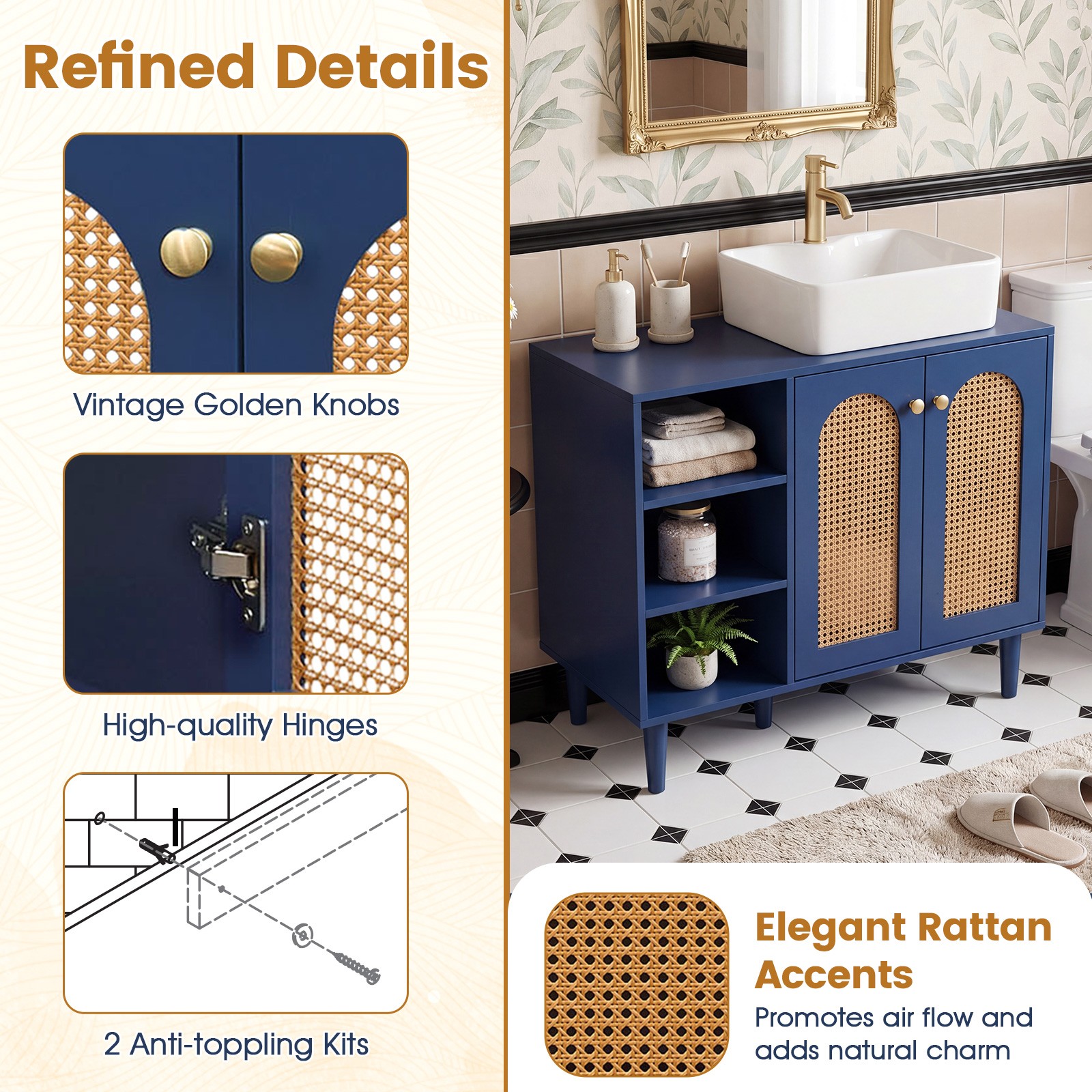 36” Under Sink Cabinet, Boho Sink Base Cabinet w/Rattan Doors, Rubber Wood Legs
