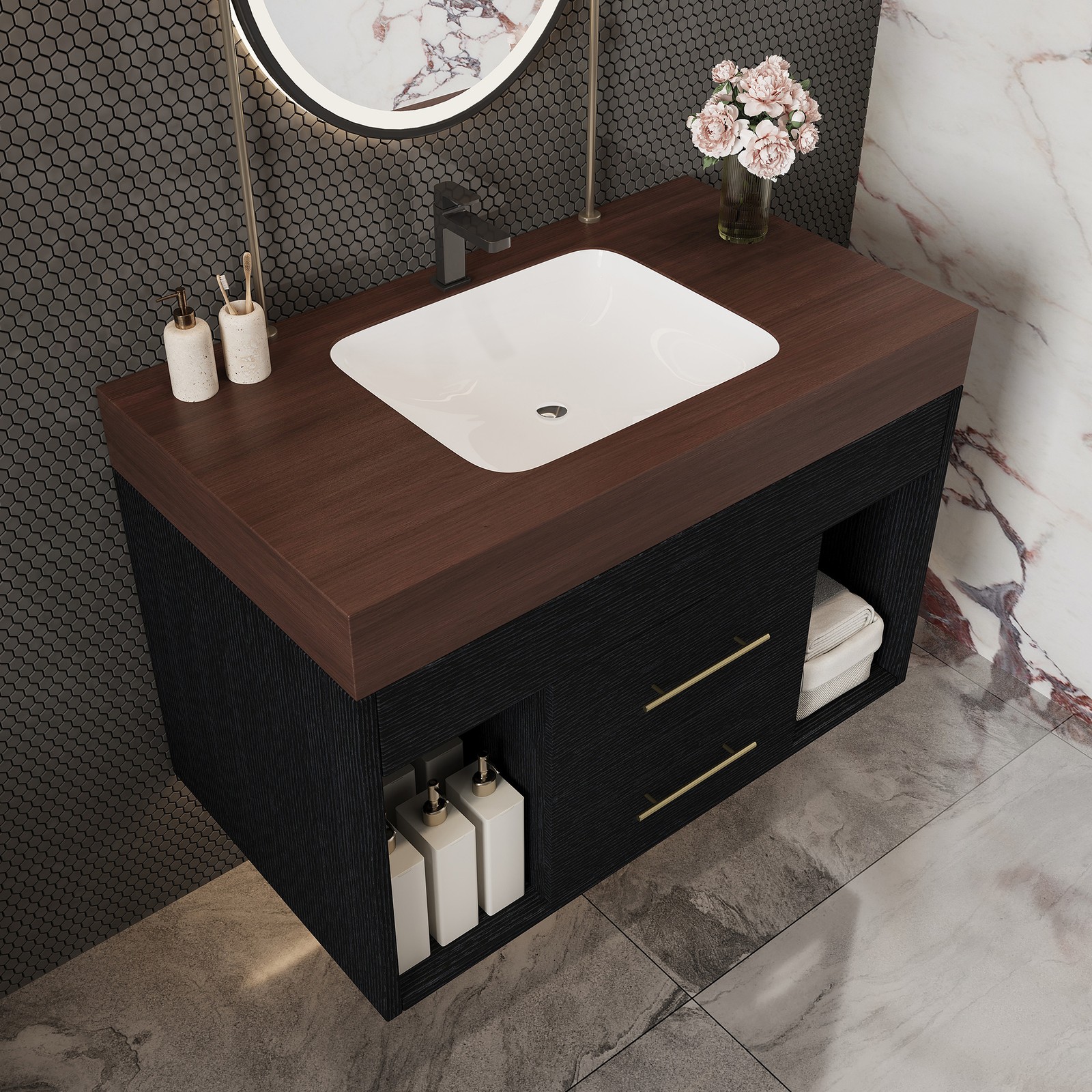 29.9″ Floating Bathroom Vanity with Sintered Stone Top & Ceramic Sink