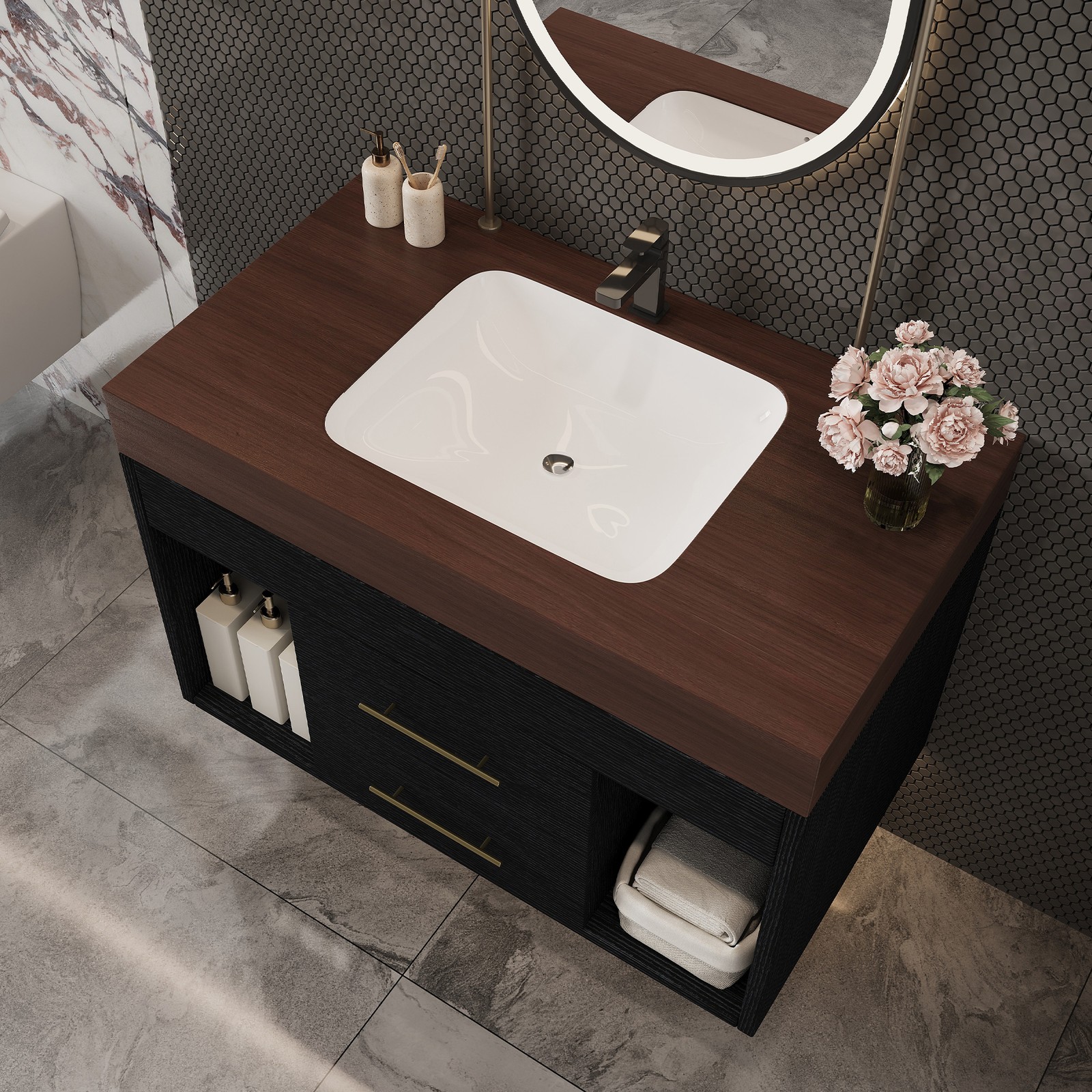 29.9″ Floating Bathroom Vanity with Sintered Stone Top & Ceramic Sink
