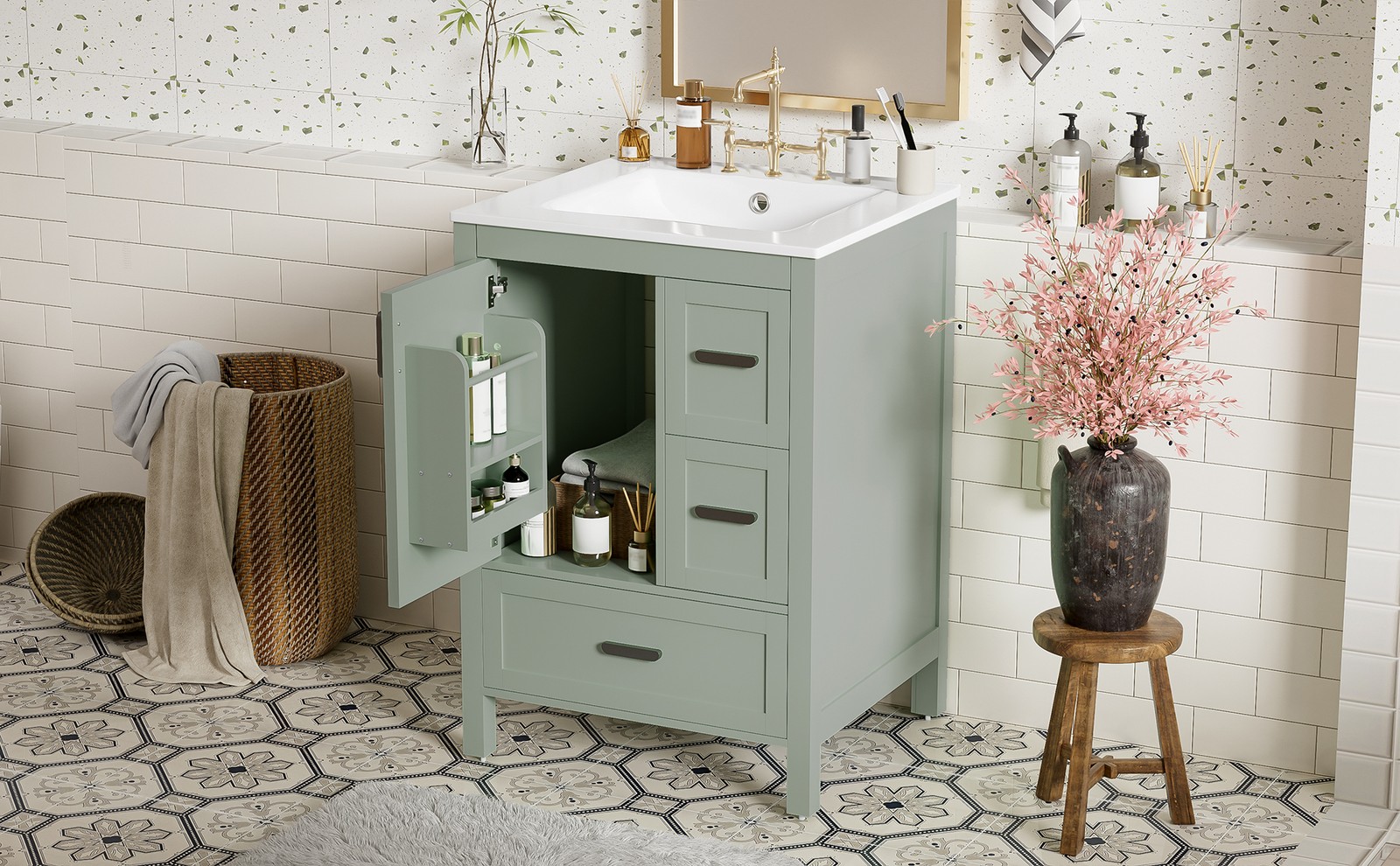 24″ Bathroom Vanity w/Ceramic Sink Modern Freestanding Vanity Cabinet w/3 Doors