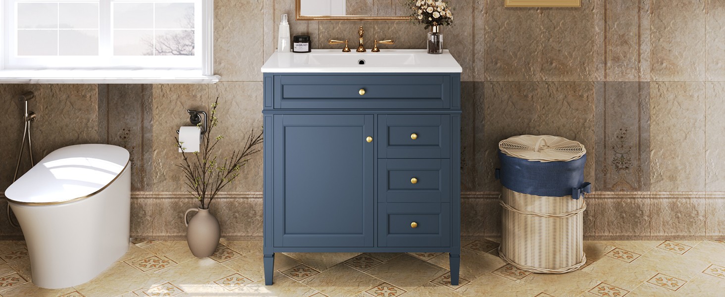 30″ Bathroom Vanity with Sink, 2 Drawers & Tip-Out Drawer, Blue