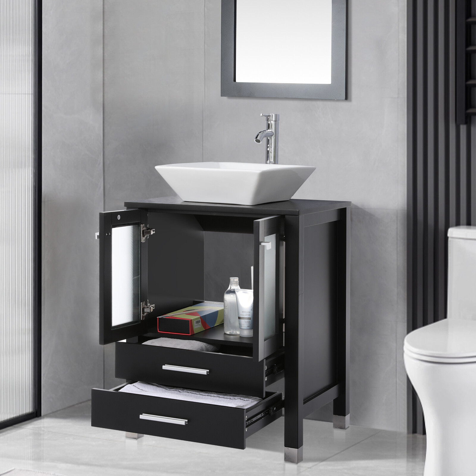 24″ Bathroom Vanity with Sink Storage Cabinet Combo W/ Solid Wood Leg