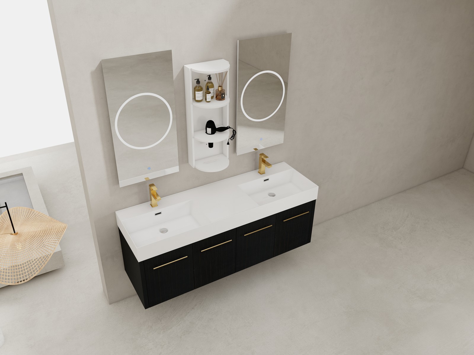 60 In Floating Wall-Mounted Bathroom Vanity Cabinet W/ Double Resin Top Basin