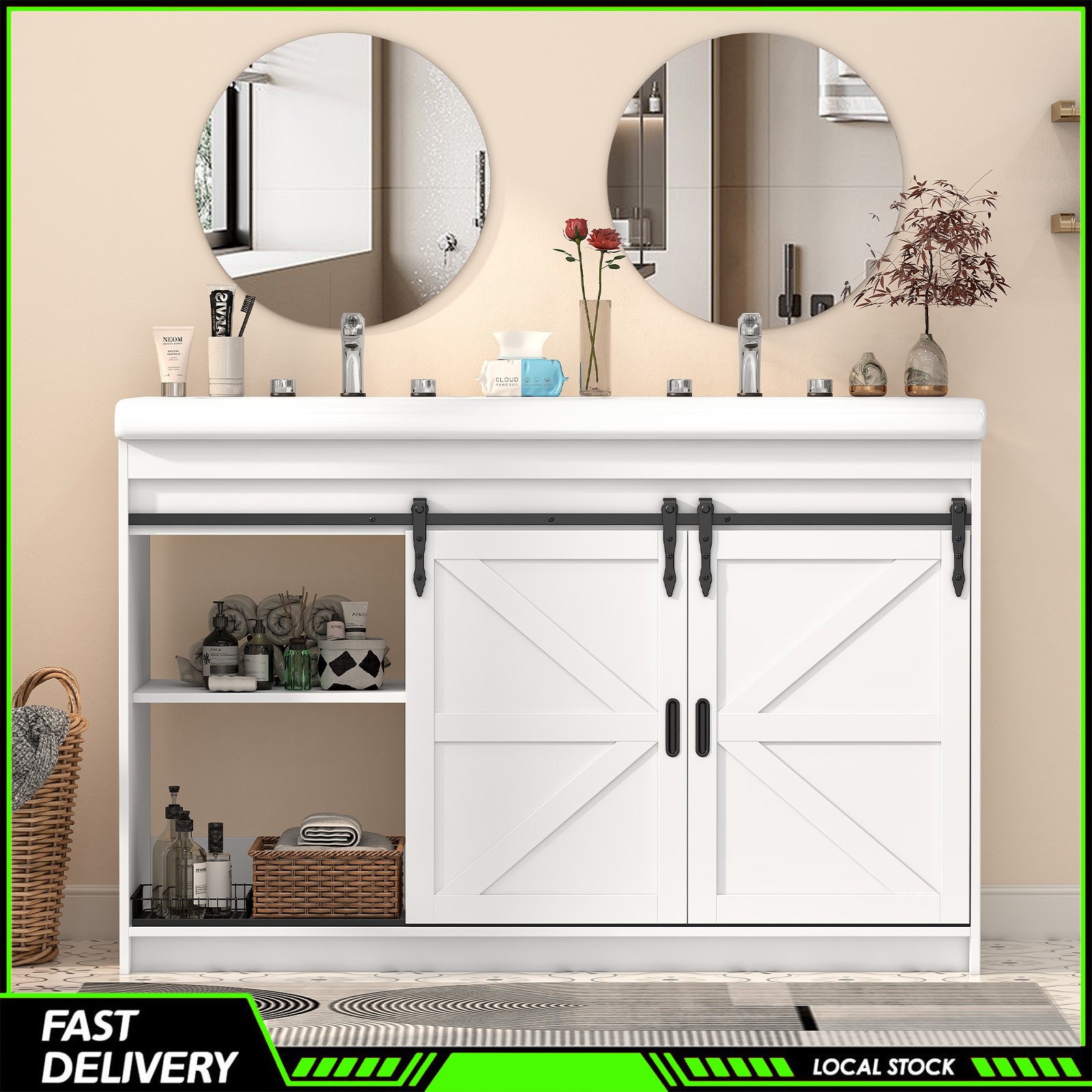 47” Bathroom Vanity &Double Sink Ceramic Basin Modern Storage Cabinet 3 Drawers