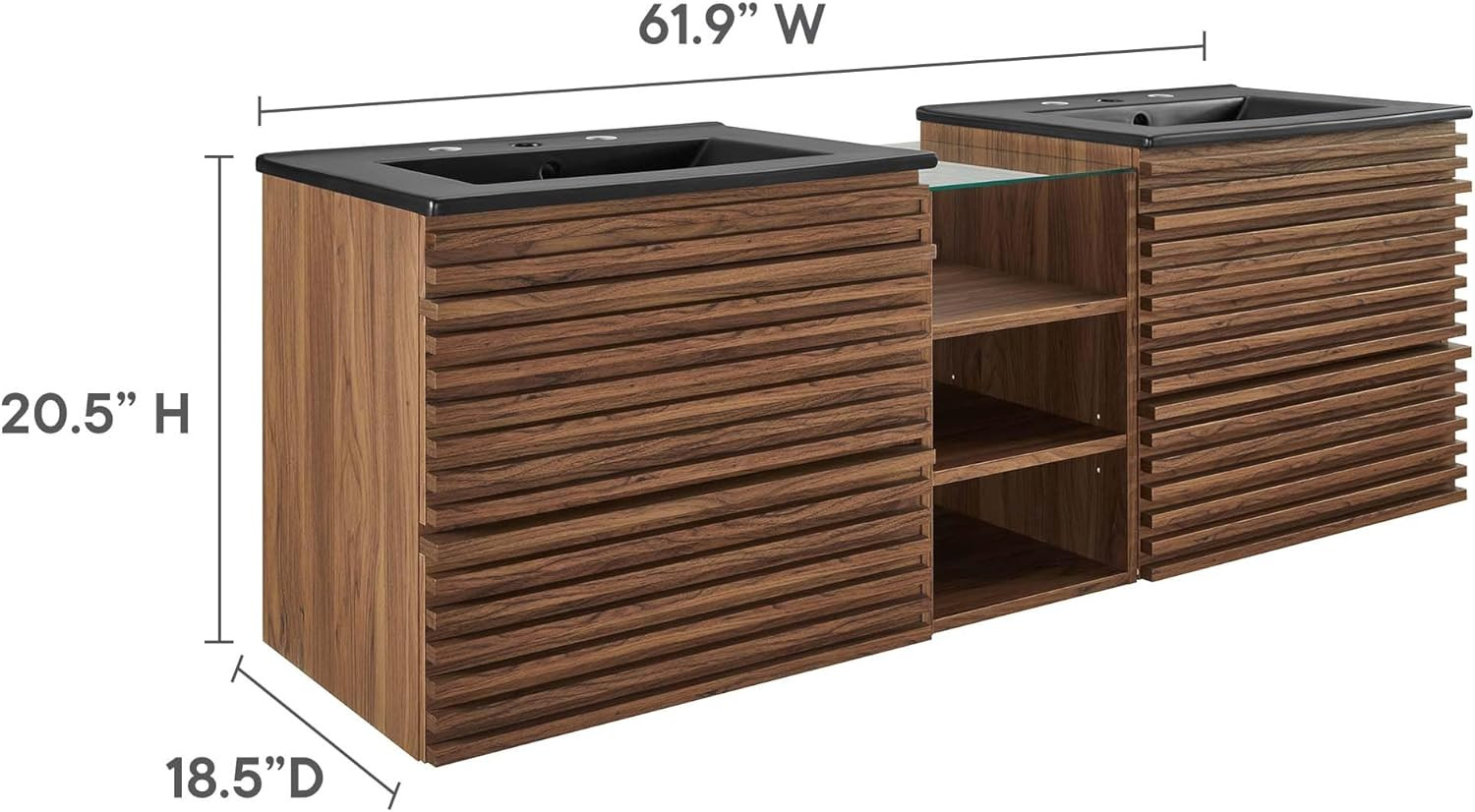 62″ Mid-Century Modern Floating Bathroom Vanity with Double Sink in Walnut Black