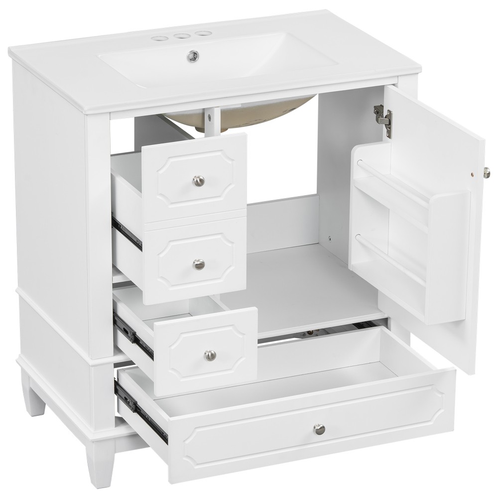 30″Bathroom Vanity with Sink Freestanding White Vanity Cabinetwith Ceramic Basin