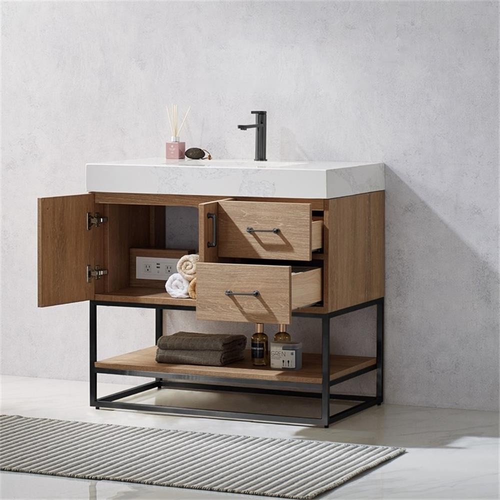 Pemberly Row 36″ White Stone Top Oak Single Vanity Black Frame w/o Mirror
