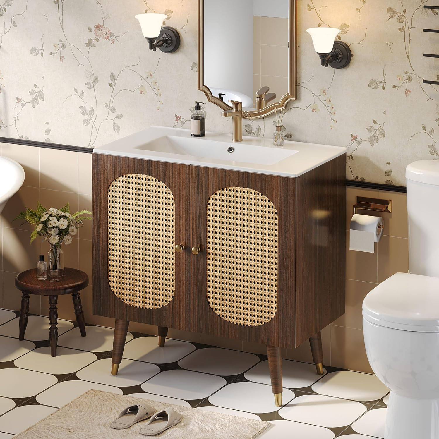36″ Walnut Rattan Bathroom Vanity with Sink & Soft-Closing Doors, Boho Style