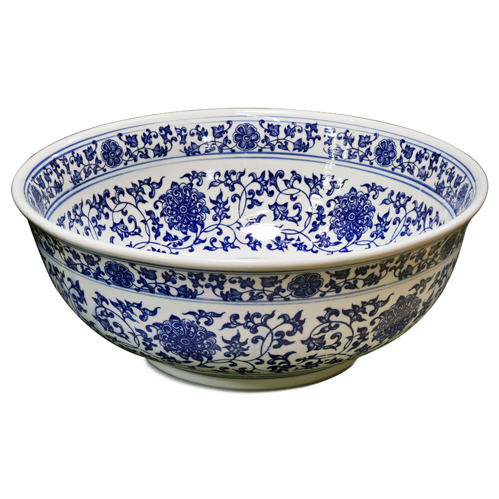US Seller – Blue and White Porcelain Floral Motif Oriental Basin