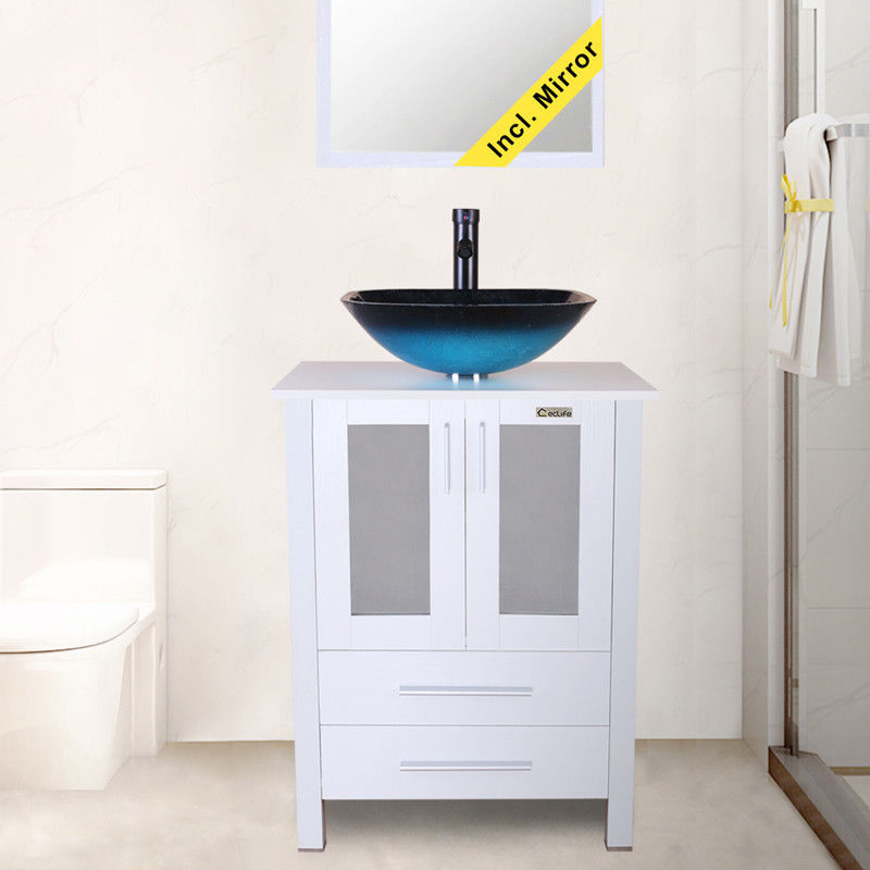 24″ Modern Bathroom Vanity Cabinet W/Tempered Glass Vessel Sink Single Wood Top