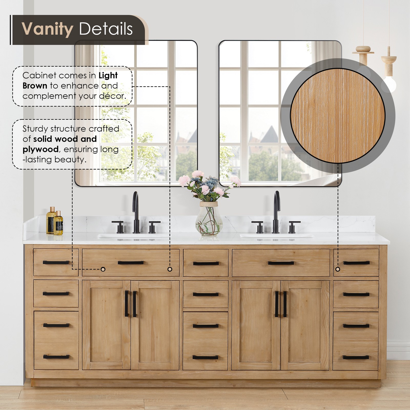 Gavino 84″ Wood Vanity in Light Brown with Composite Stone Top no Mirror