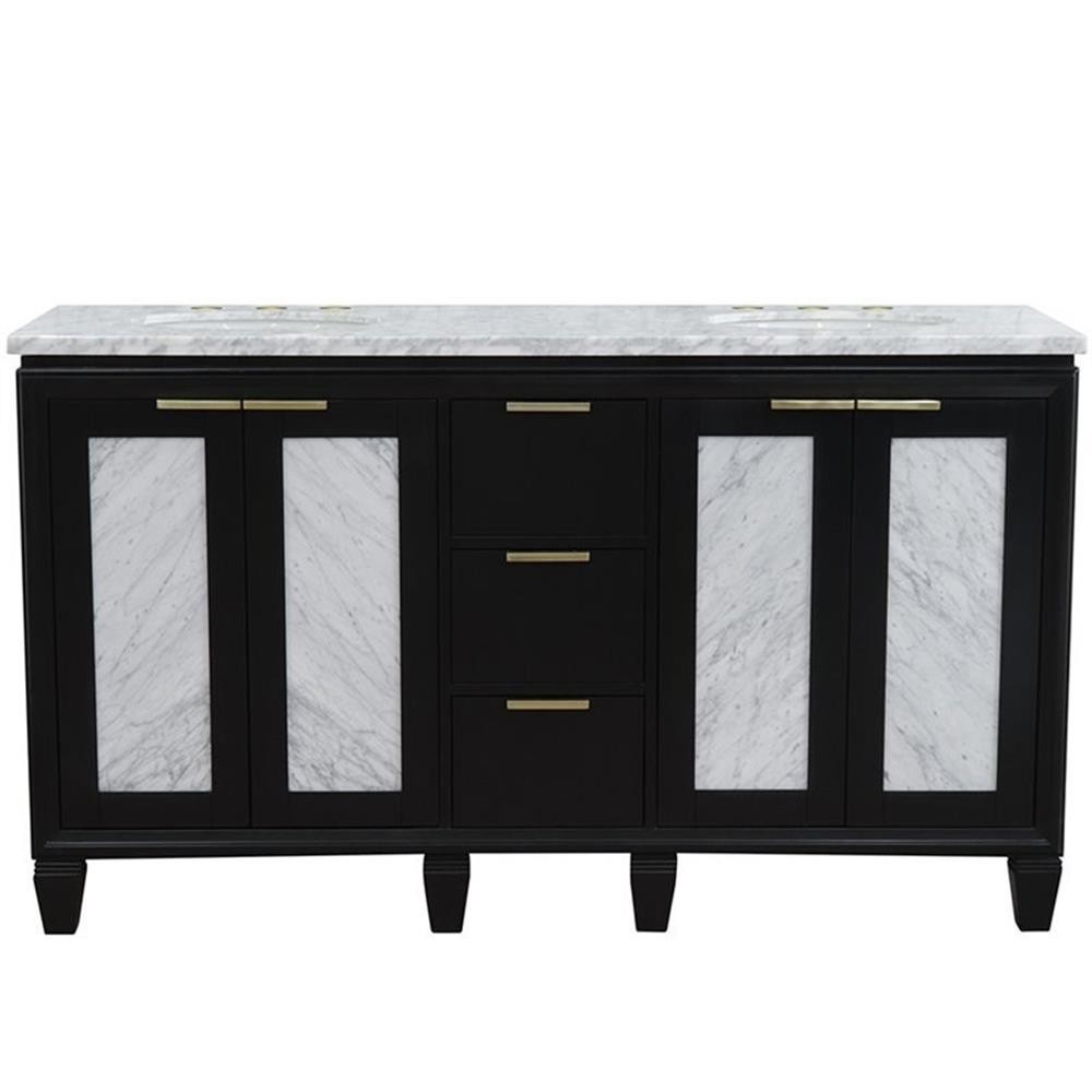 Pemberly Row 61″ Double Oval Sink Solid Wood Vanity in Blue/White Carrara
