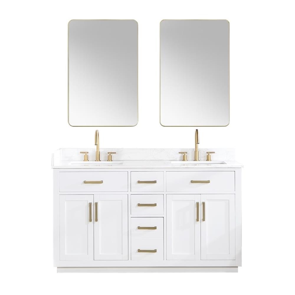 Gavino 60″ Wood Vanity in White with Grain White Composite Stone Top and Mirror