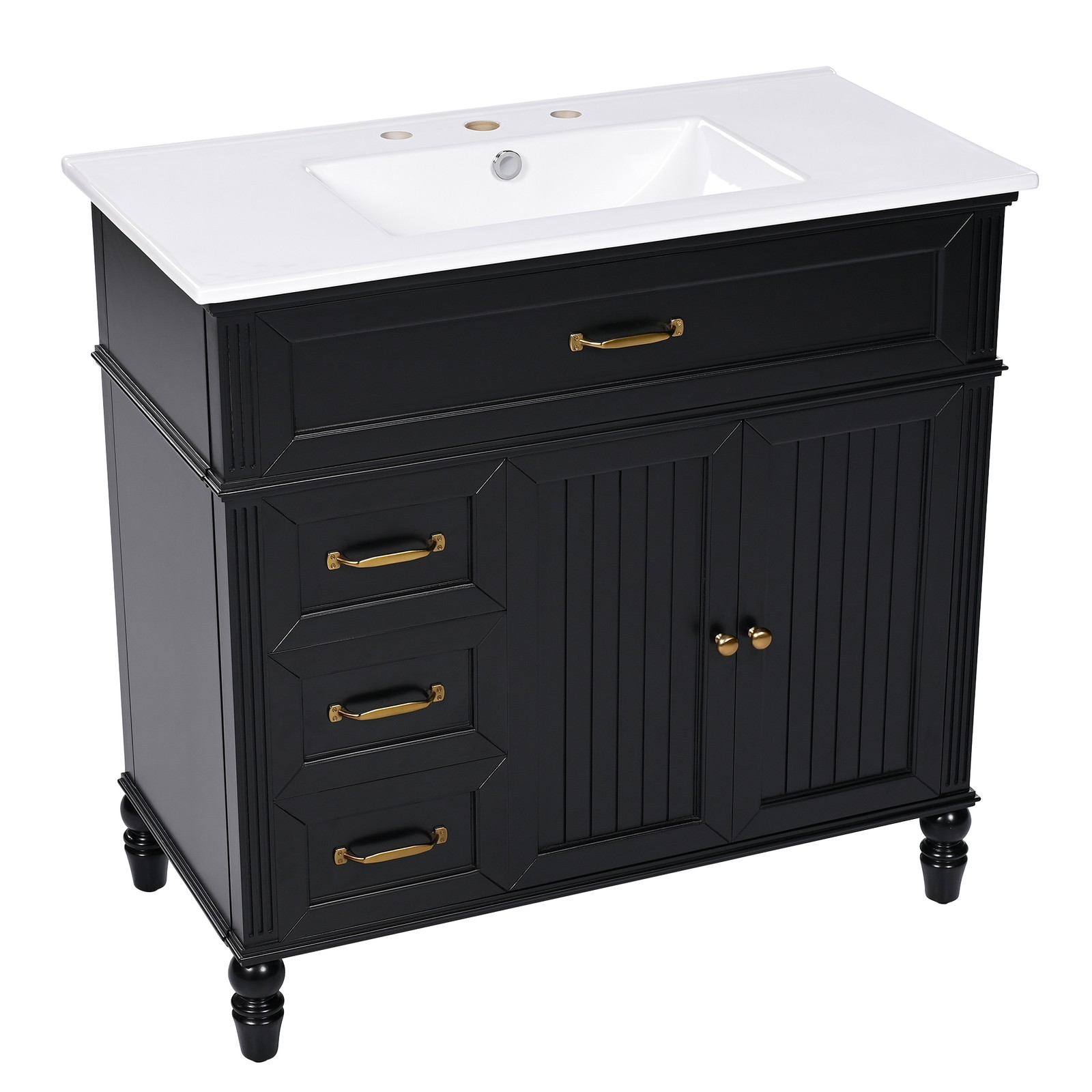 36″ Bathroom Vanity with Sink & Drawers, Black, Solid Wood Frame & MDF