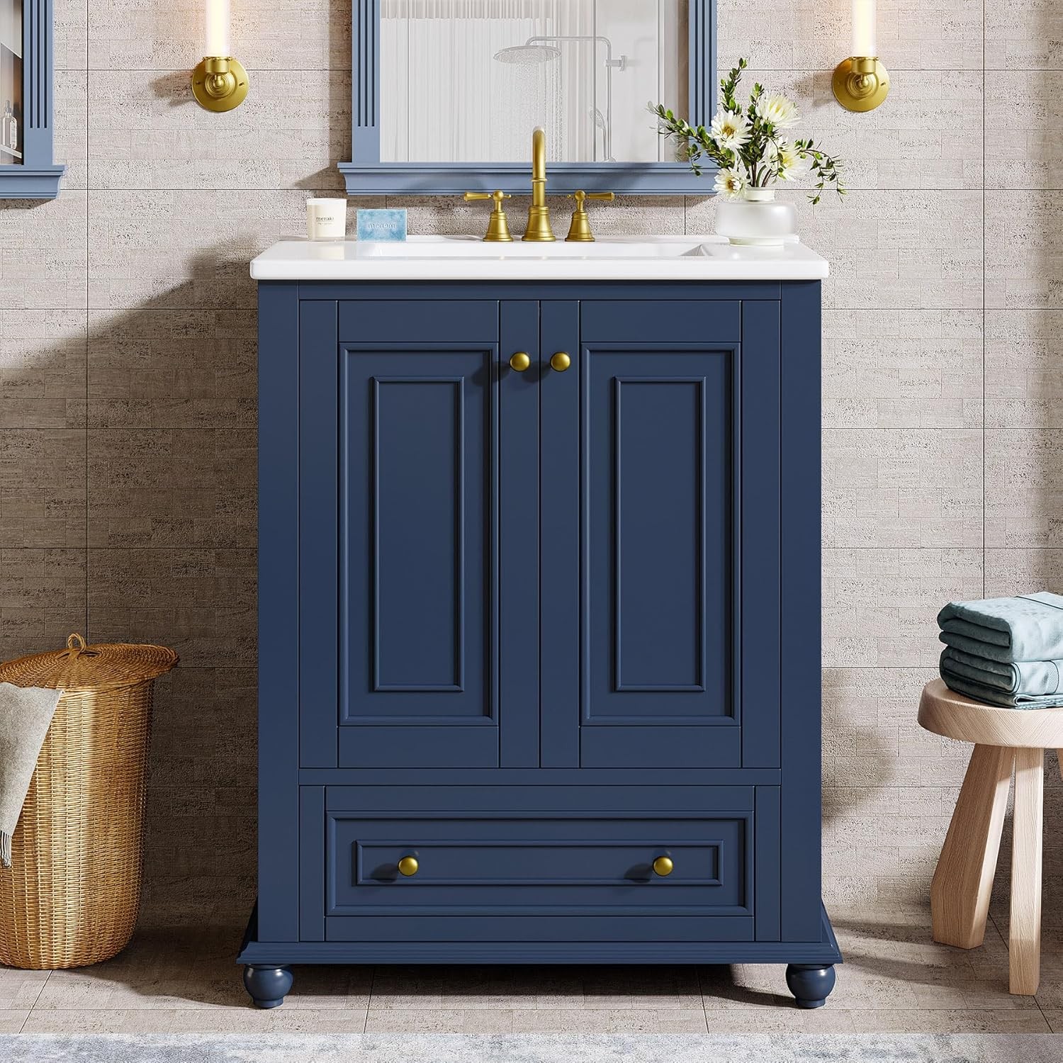 24″ Bathroom Vanity with Ceramic Sink Combo Navy Blue Cabinet w/ Doors & Drawer