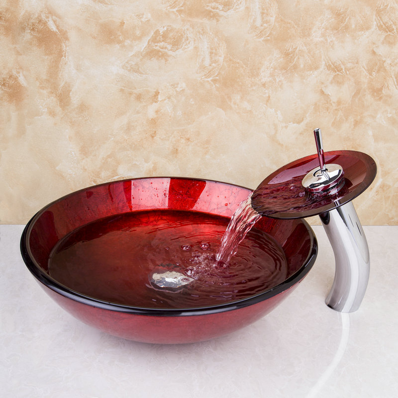Bathroom Red Round Tempered Glass Basin Set Vessel Vanity Sink Bowl With Faucet