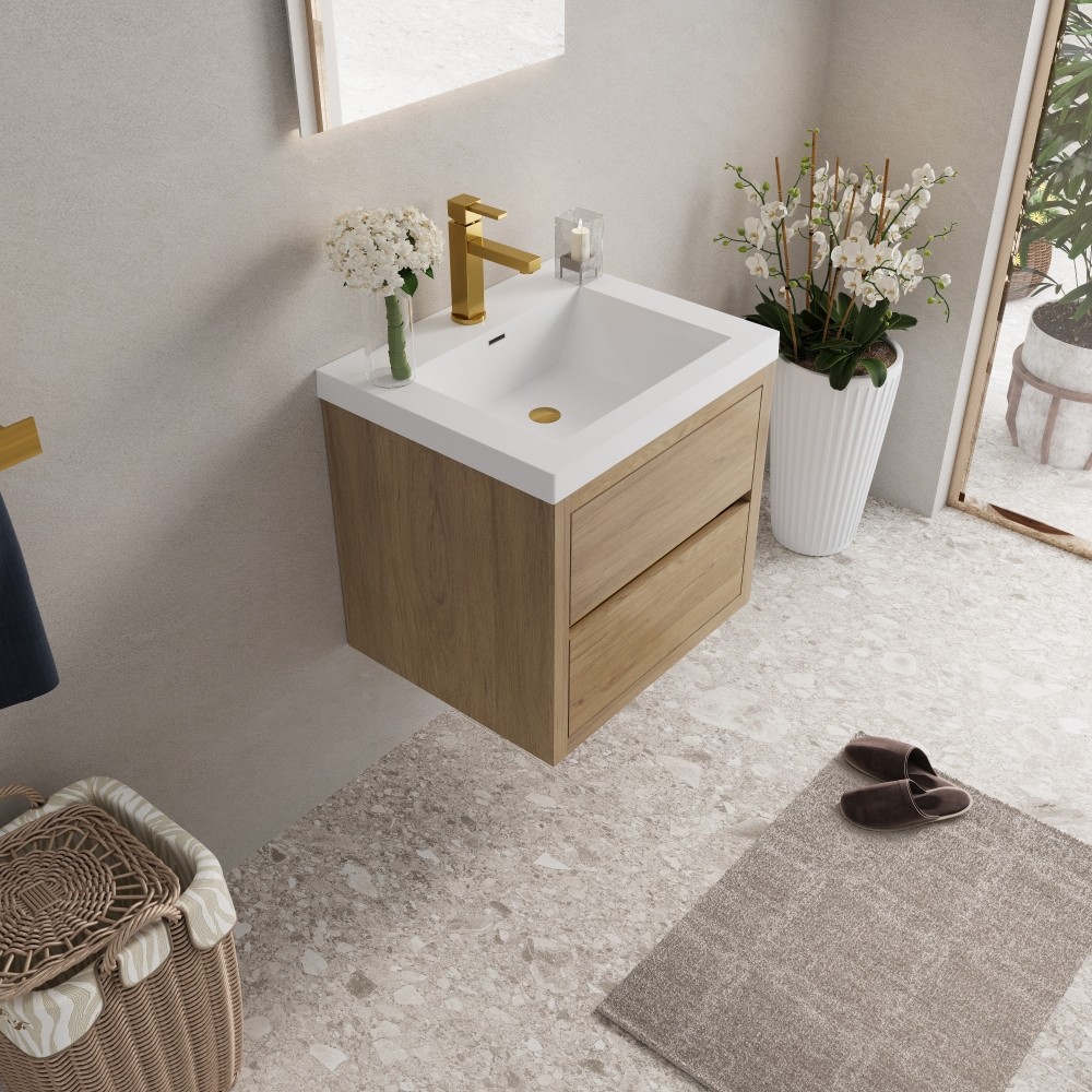 24in Oak Wall Vanity Pre-Assembled with Sink, Soft Close Drawers