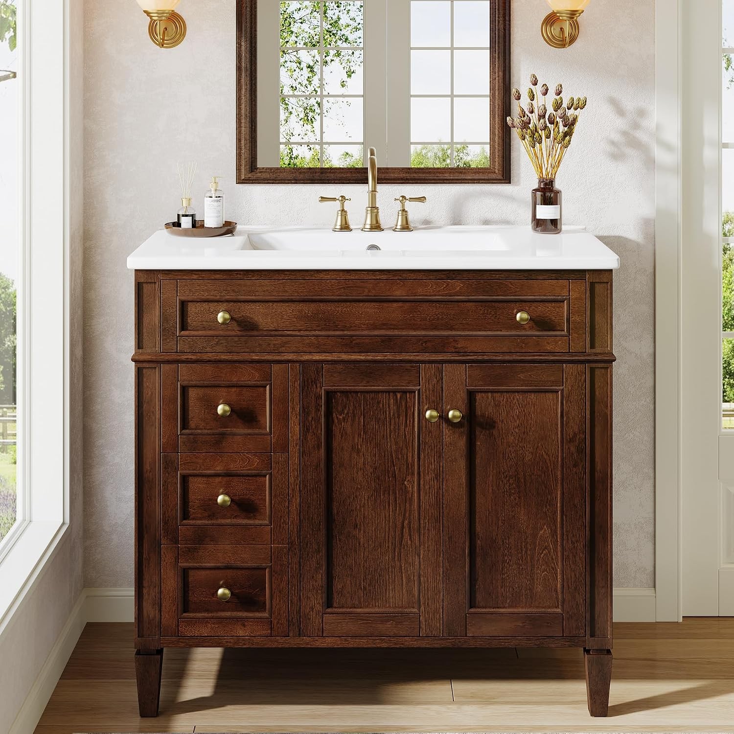 36″ Bathroom Vanity with Sink Wood Vanity Cabinet with Flip-Out Drawer 3 Drawers