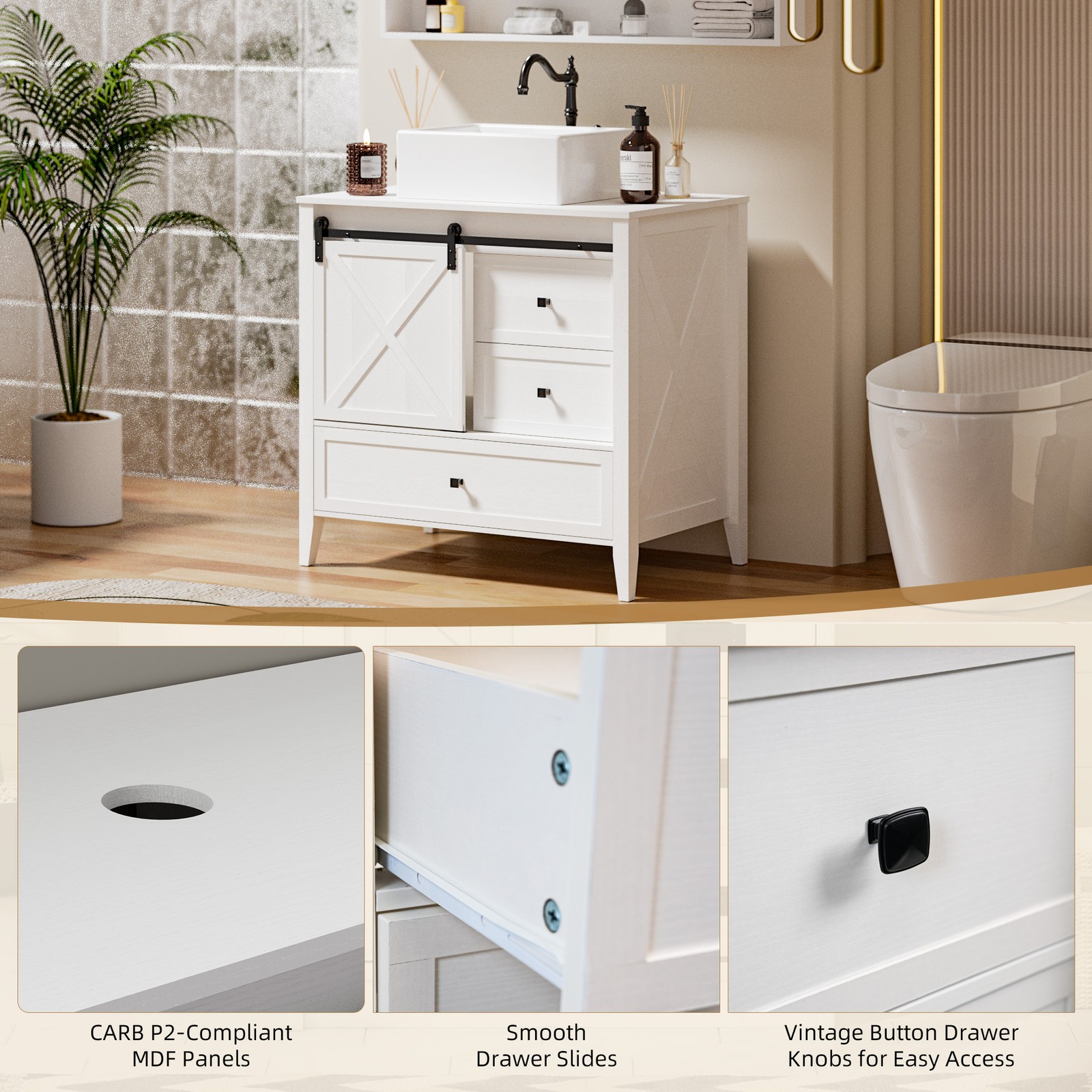 36inch Bathroom Vanity Ceramic Storage Cabinet Sink Organizer Vessel Sink White