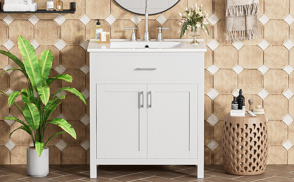 30-Inch Bathroom Vanity with Ceramic Sink, White, Solid Wood MDF
