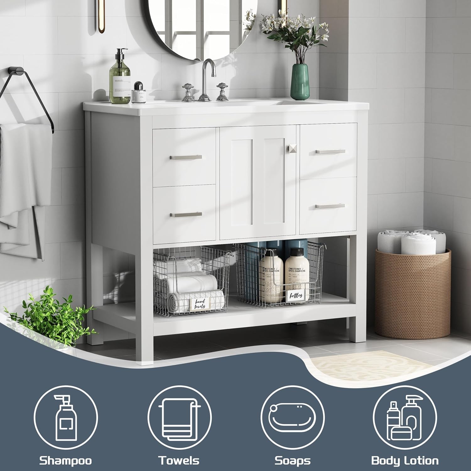 36” Bathroom Vanity W/ Single Sink Solid Wood Frame Modern Bathroom Storage