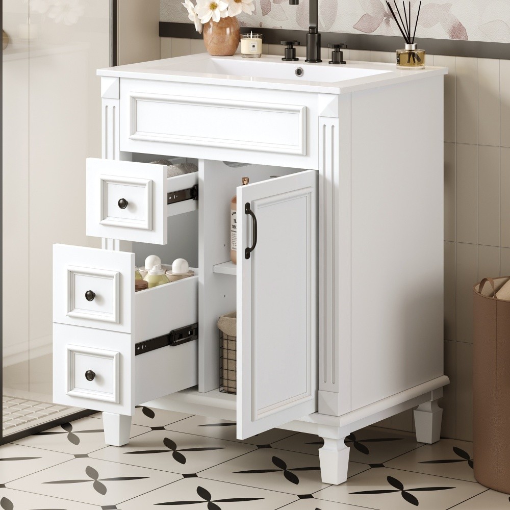 Bathroom vanity W ceramic sink Features two drawers Includes adjustable shelves