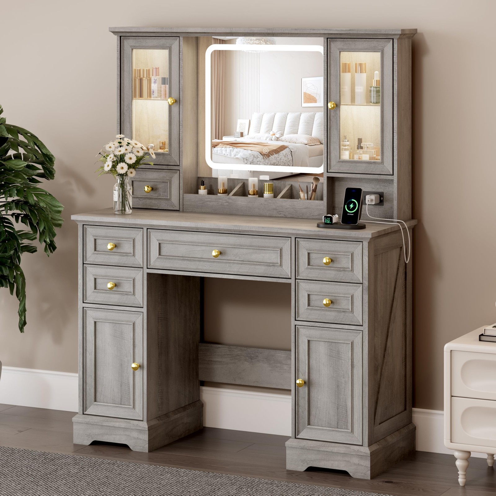Farmhouse Vanity Desk with Power Outlet USB Ports 6 Drawers RGB Dimmable Mirror